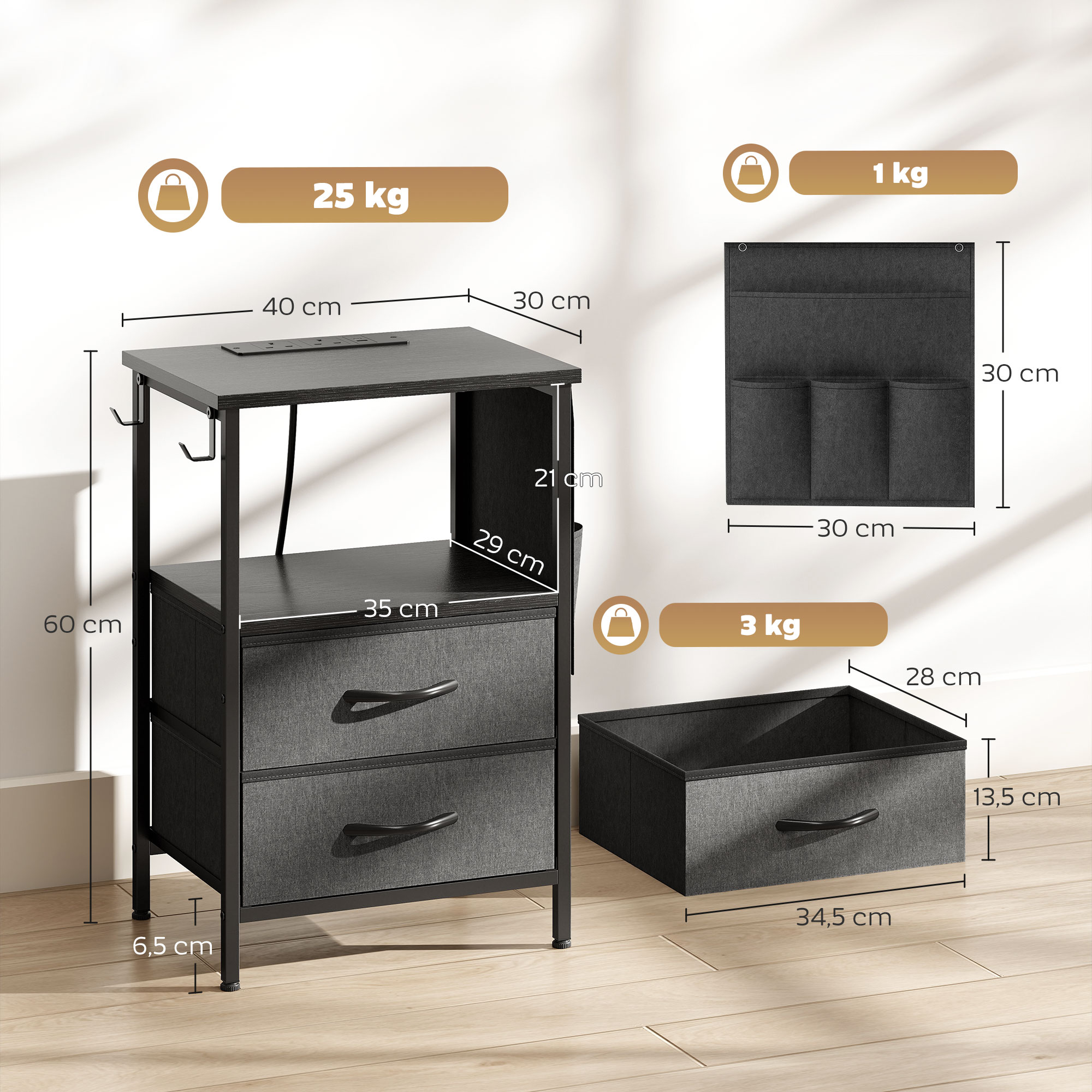 Couchtisch Beistelltisch mit Ladestation, Stahlrahmen, USB-C-Anschlüssen, Schubladen, Haken, 40cm x 30cm x 60cm Schwarz