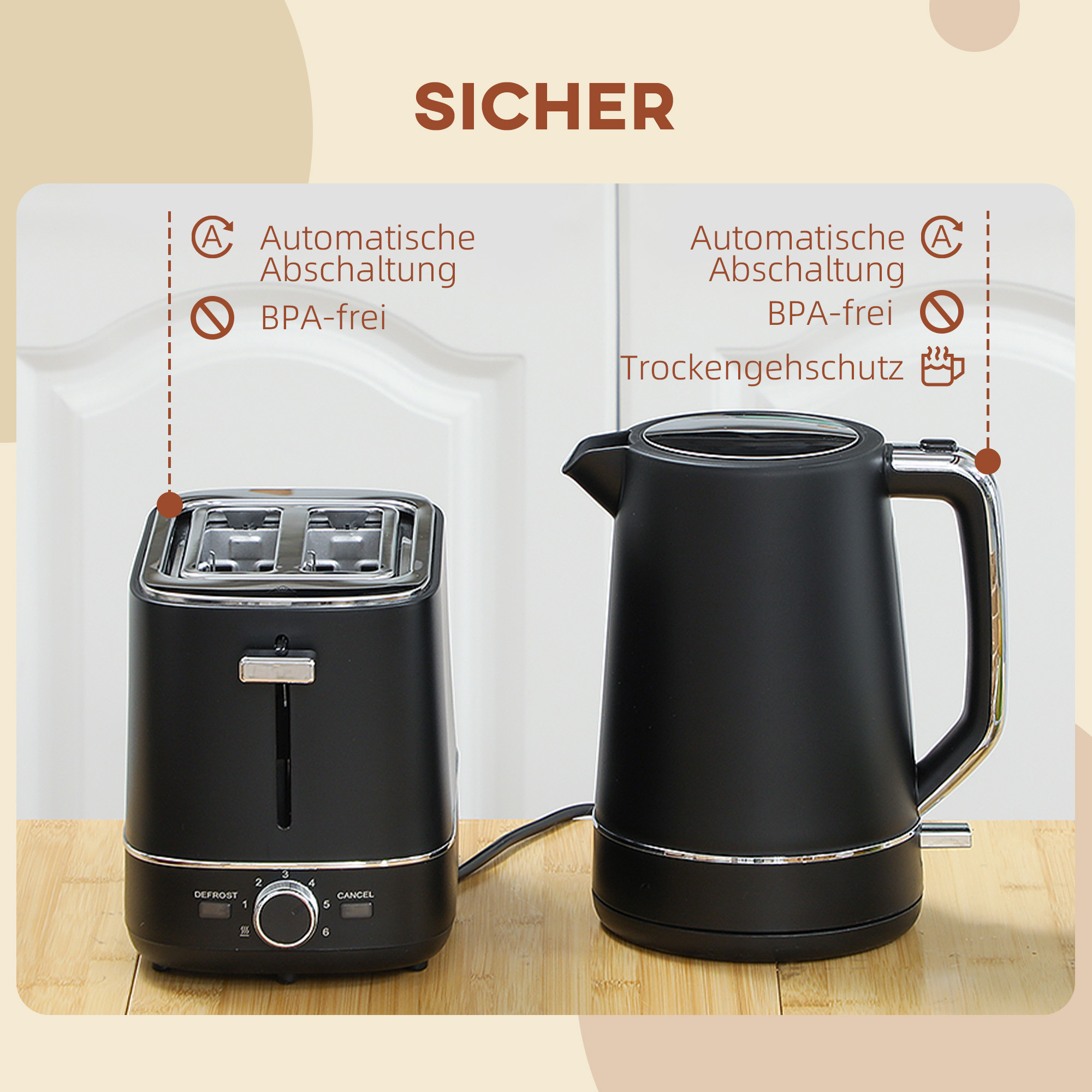 Set aus 1,7 L Wasserkocher und Toaster mit 6 Bräunungsstufen, Schwarz/Stahl