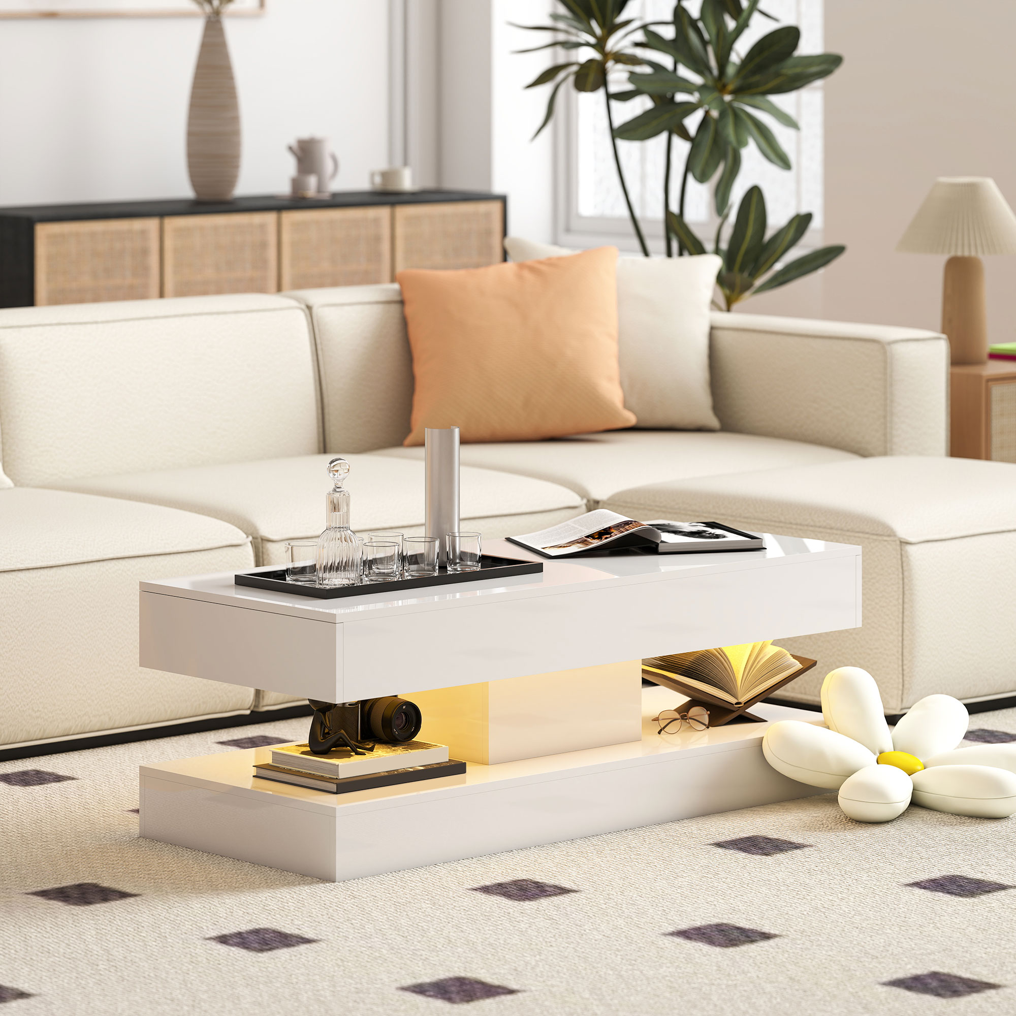 Wohnzimmertisch mit Schubladen und LED-Lichtern, moderner Sofatisch mit offener Ablage, Couchtisch, Spanplatte, Weiß