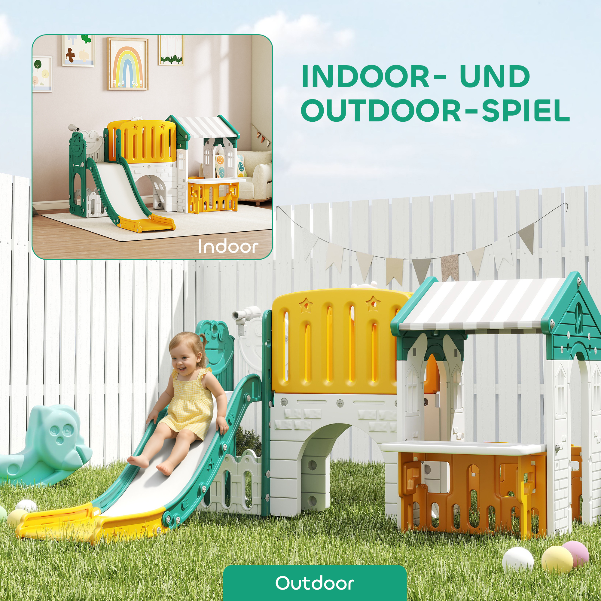 7-in-1 Kinderrutsche, Indoor-Spielplatz, Klettergerüst, Haus, Tafel, Basketballkorb, 1-4 Jahre, Kunststoff, Gelb+Grün