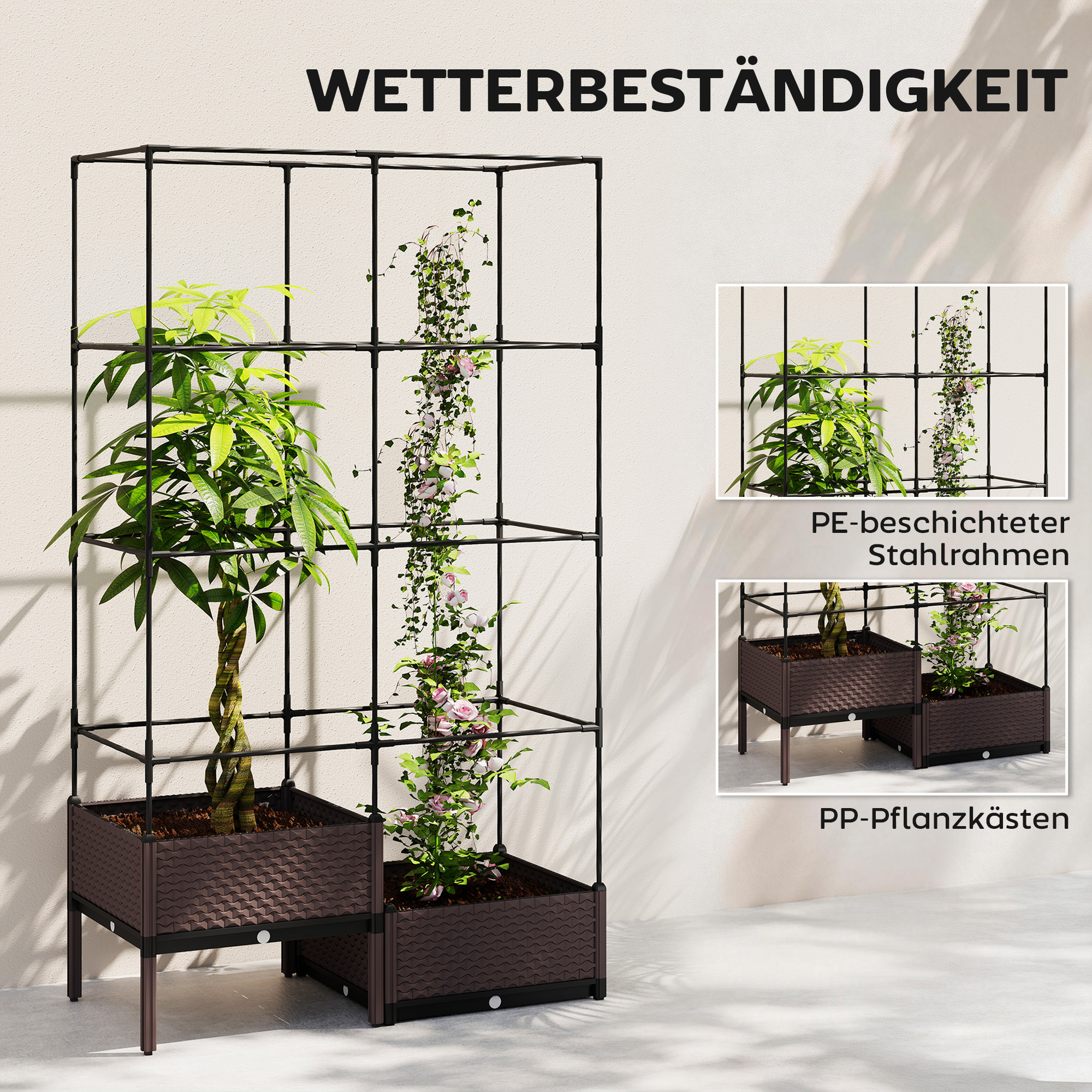 Hochbeet Pflanzkasten mit Rankgitter, Abflusslöchern, Pflanzkübel aus Kunststoff 100 x 50 x 174 cm