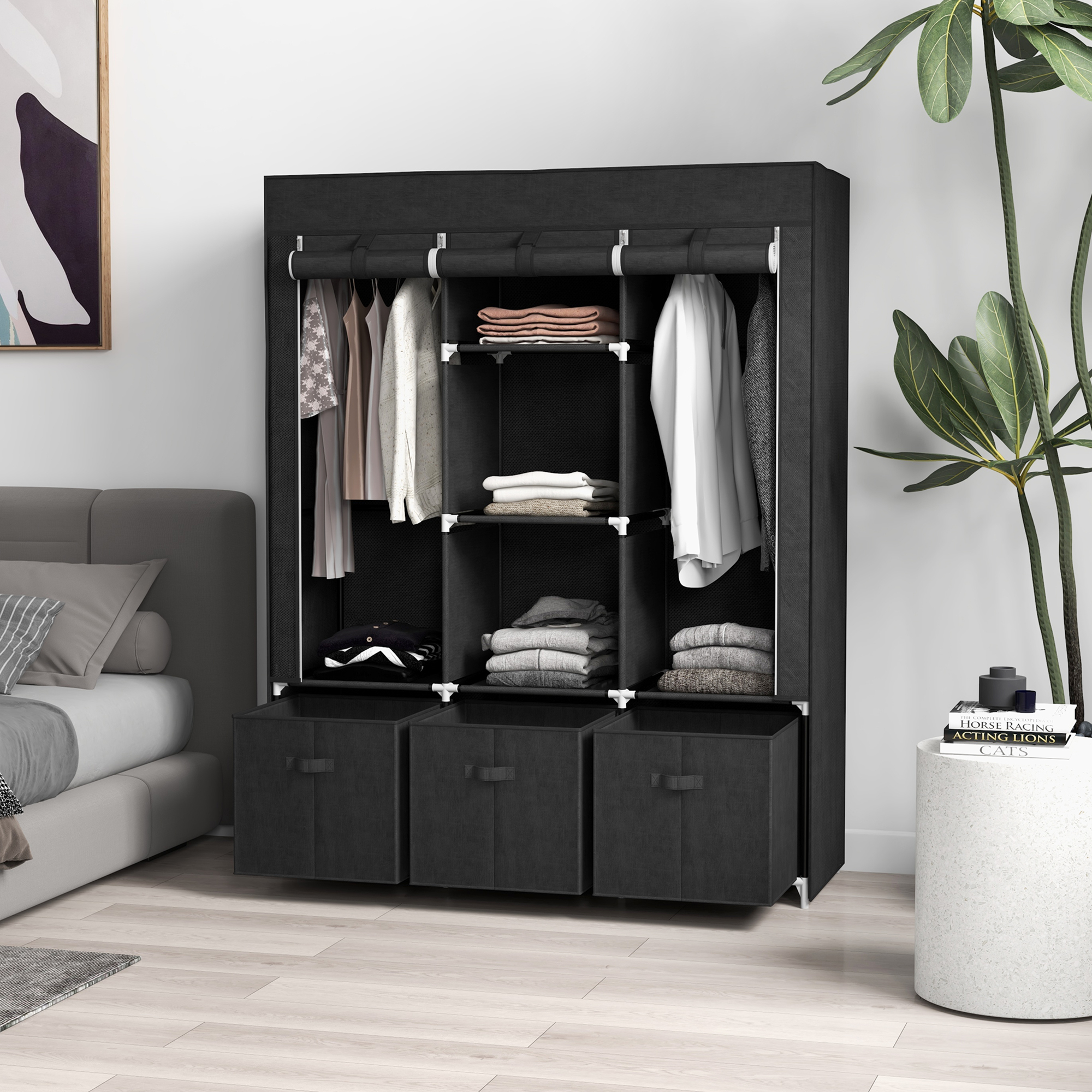 Stoffschrank aus Vlies, Faltschrank, inkl, 3 Schubladen, 125 cm x 43 cm x 162,5 cm, Schwarz