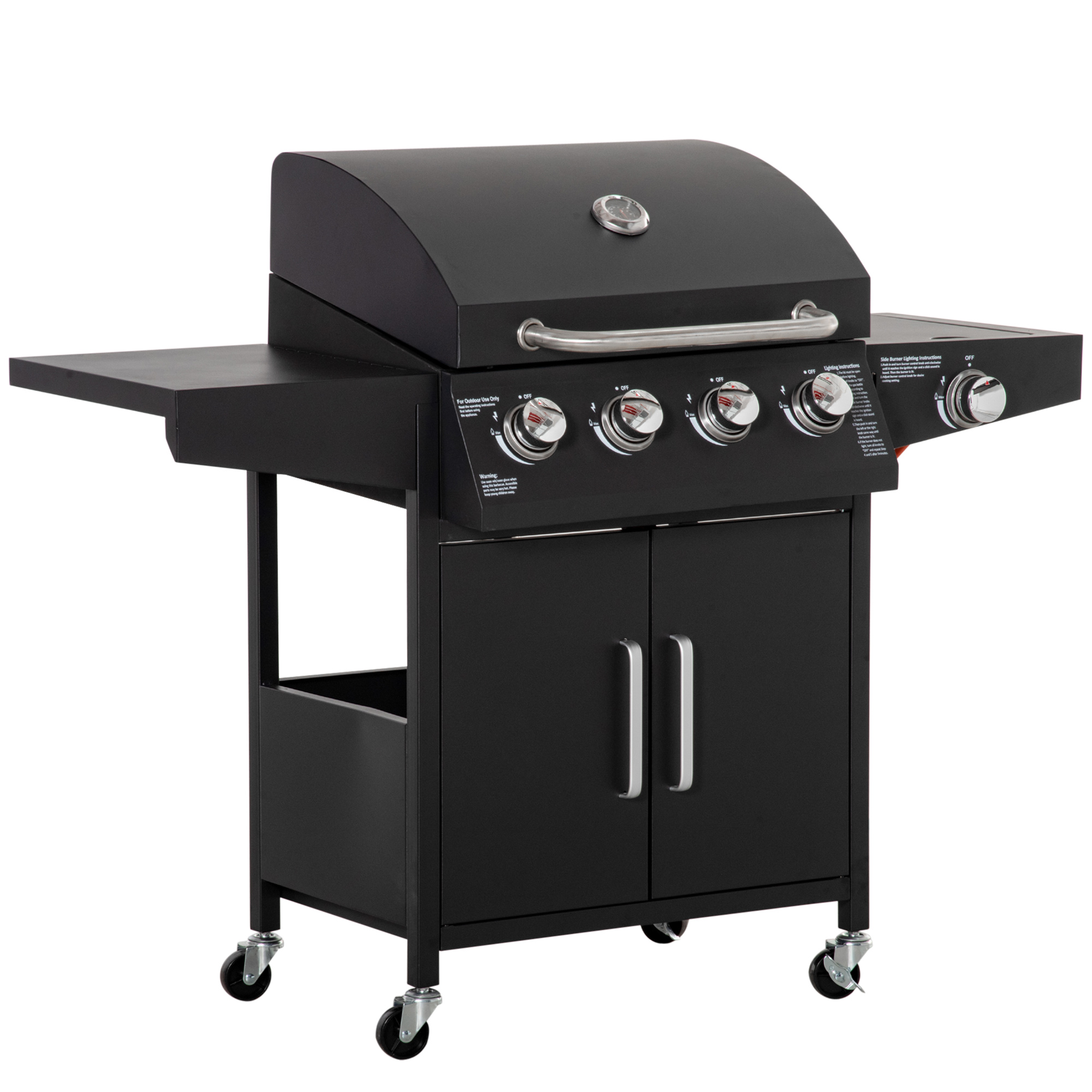 Gasgrill BBQ mit 3 Brennern je 3 kw mobiler Grillwagen mit 4 Rädern Grillnetz Seitentischen Druckminderer Schläuche Schrank Multifunktion Metall Schwarz 132,4cm x 55cm x 109cm