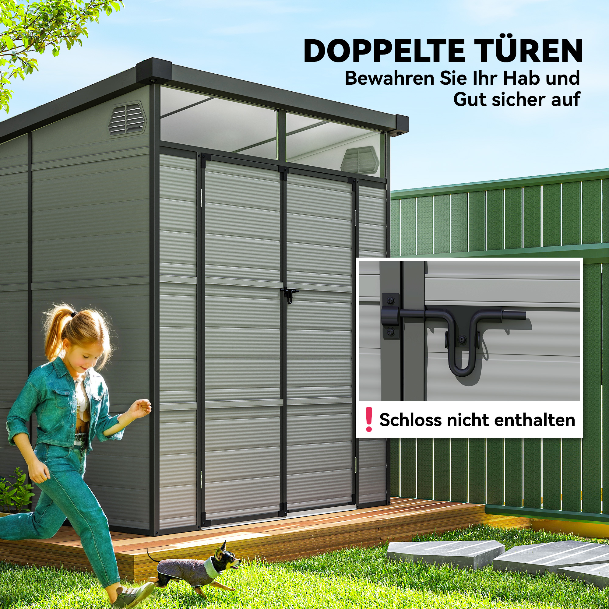 1,9 x 1,9  m Gartenschuppen, Werkzeugschuppen aus Kunststoff , verschließbare Türen, 2 Lüftungsöffnungen, Hellgrau