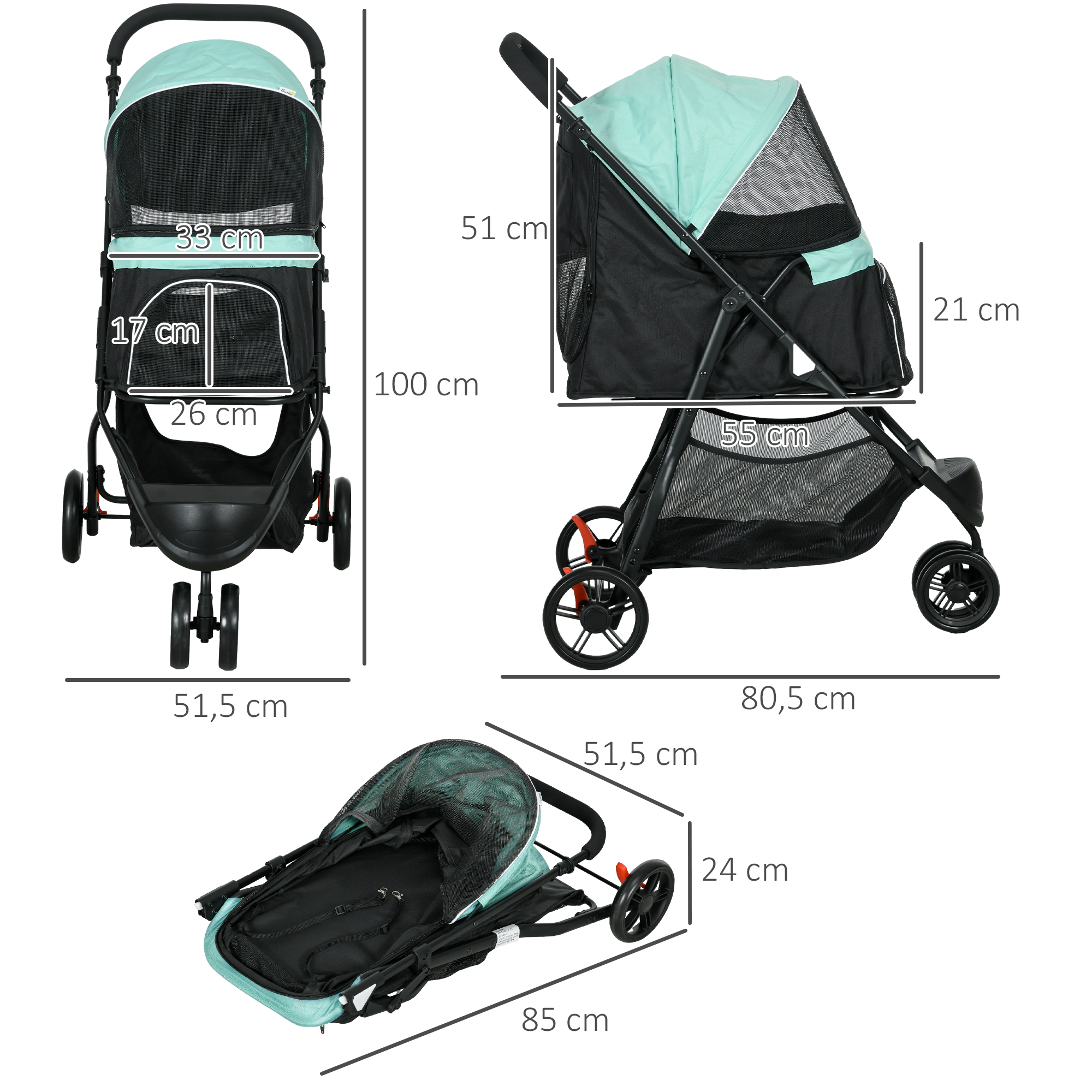 Haustierbuggy Hundebuggy, klappbar, mit Regenschutz, 2 Getränkehalter, Blau + Grün