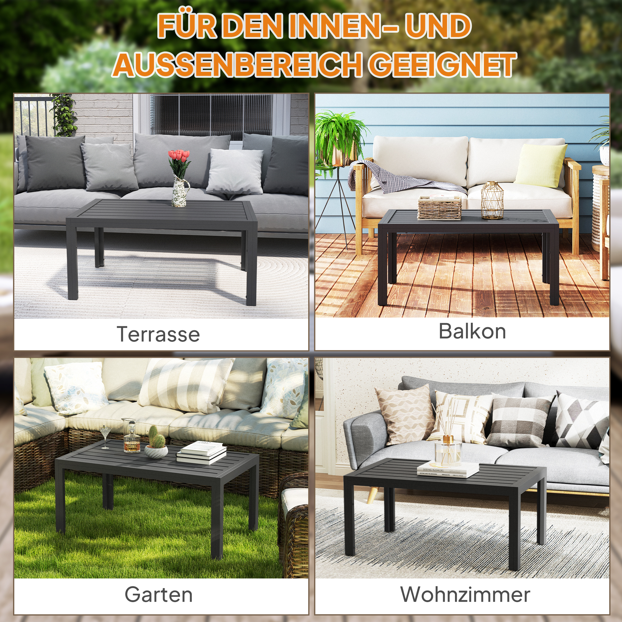 Beistelltisch Balkontisch aus Stahl Rechteckig Kaffeetisch wetterfest Gartentisch 101,5x61x46 cm Grau