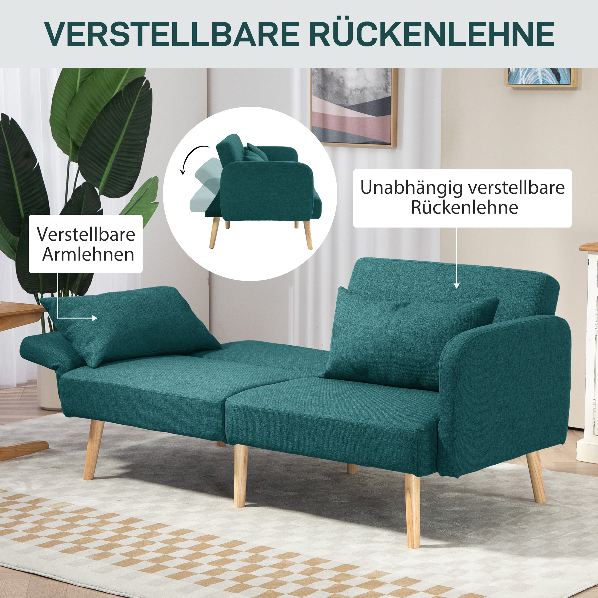 Schlafsofa, 3-Sitzer-Sofa mit Bettfunktion, 2 Kissen, Polstersofa mit verstellbarer Rückenlehne, Leinenoptik, Grün