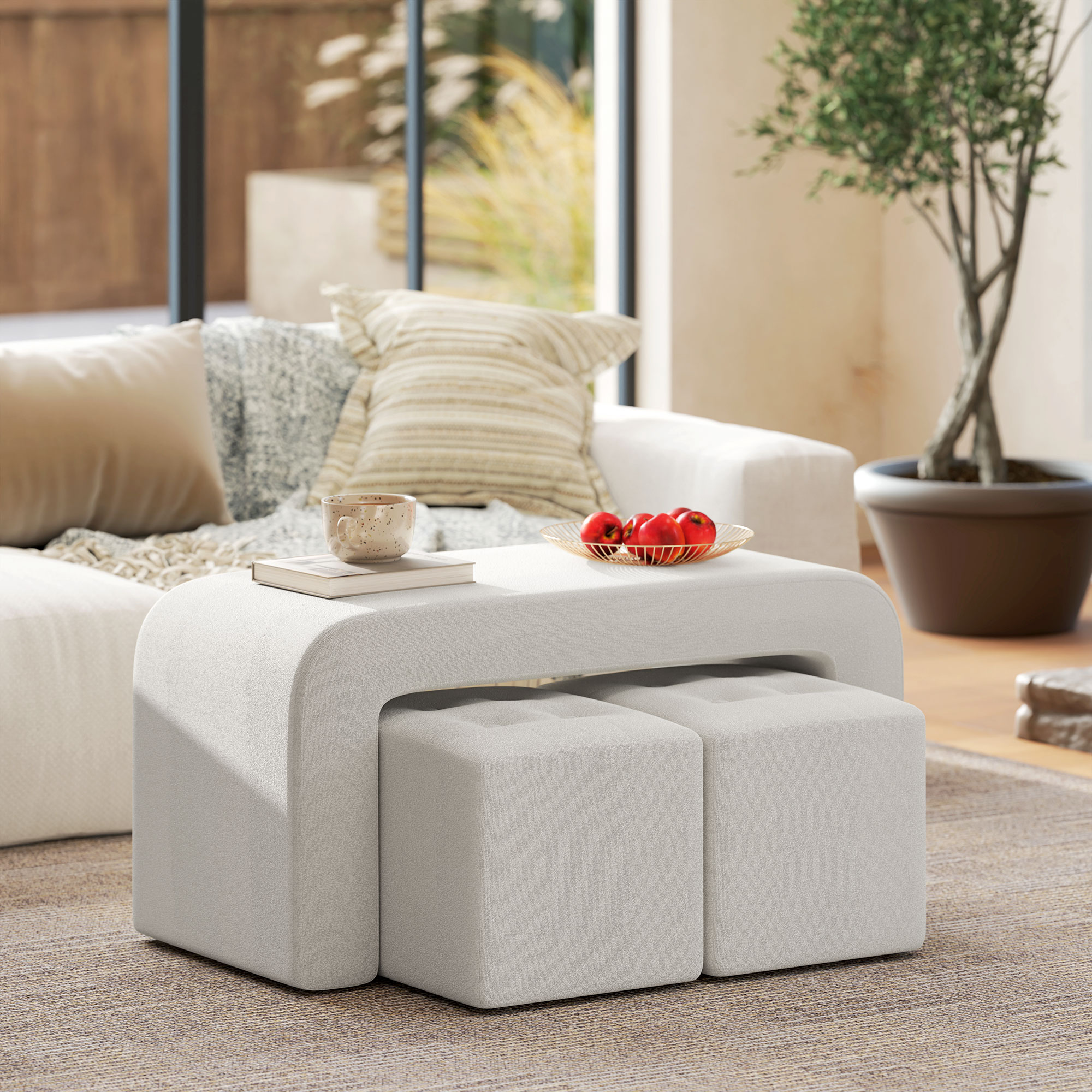 Fußhocker-Set Fußhocker 3-teilig, Knopfheftung, 89 cm x 42,5 cm x 45 cm, Creme