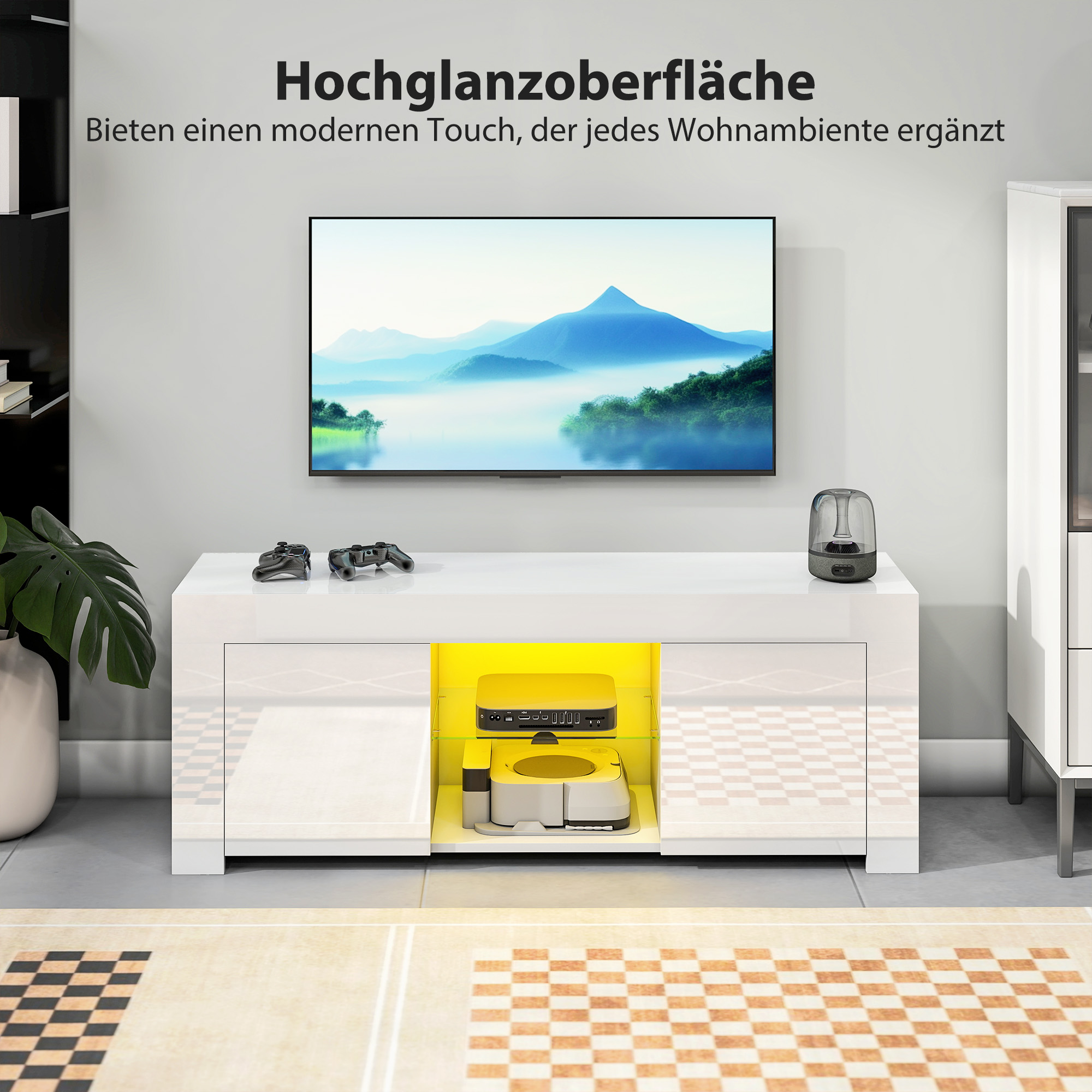 TV-Schrank mit LED-Beleuchtung, 2 Schranktüren, Glasregal, Kabellöcher, für Wohnzimmer, Spanplatte, Weiß