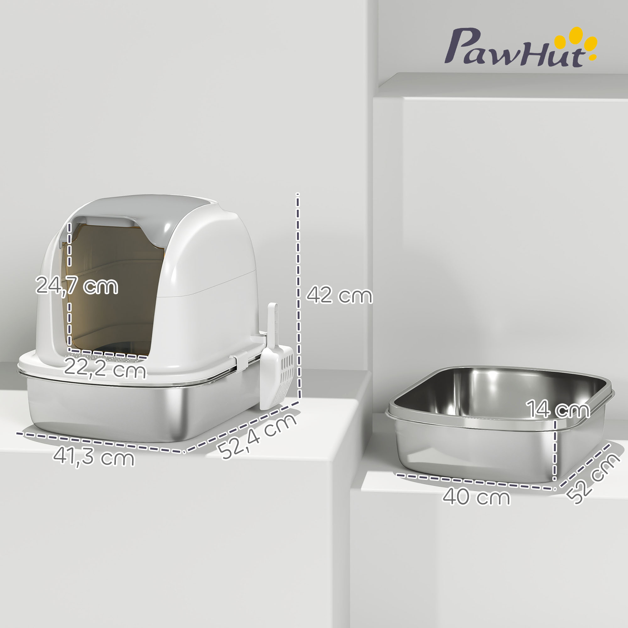 Katzenklo Edelstahl mit Deckel, Katzentoilette mit Wanne, Streuschaufel, für Katze unter 5 kg, 52,4 x 41,3 x 42 cm, Weiß