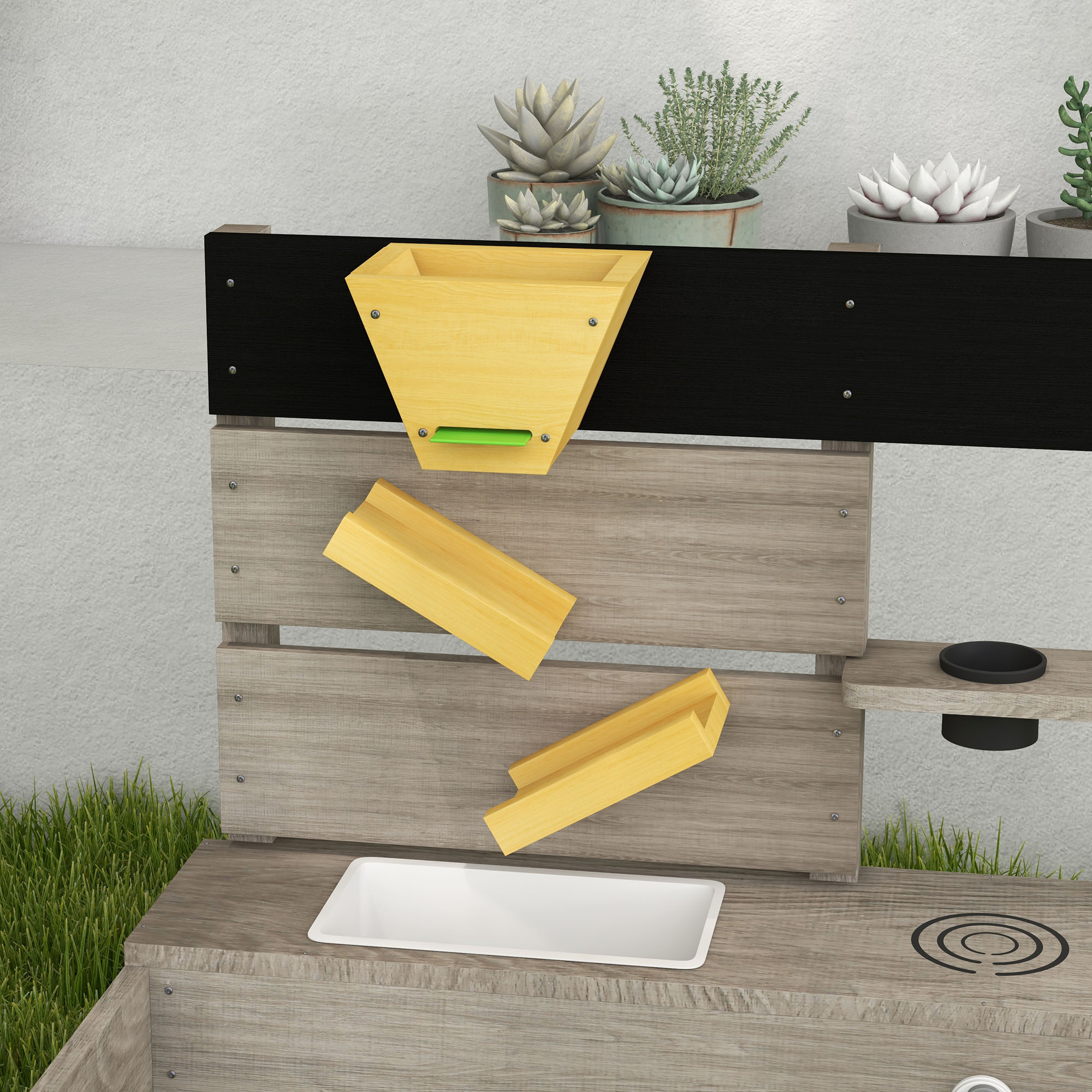 Sandkasten mit Wasserstation, 2 Pflanzkästen, behandeltes Massivholz, 154 x 80 x 60cm, Grau