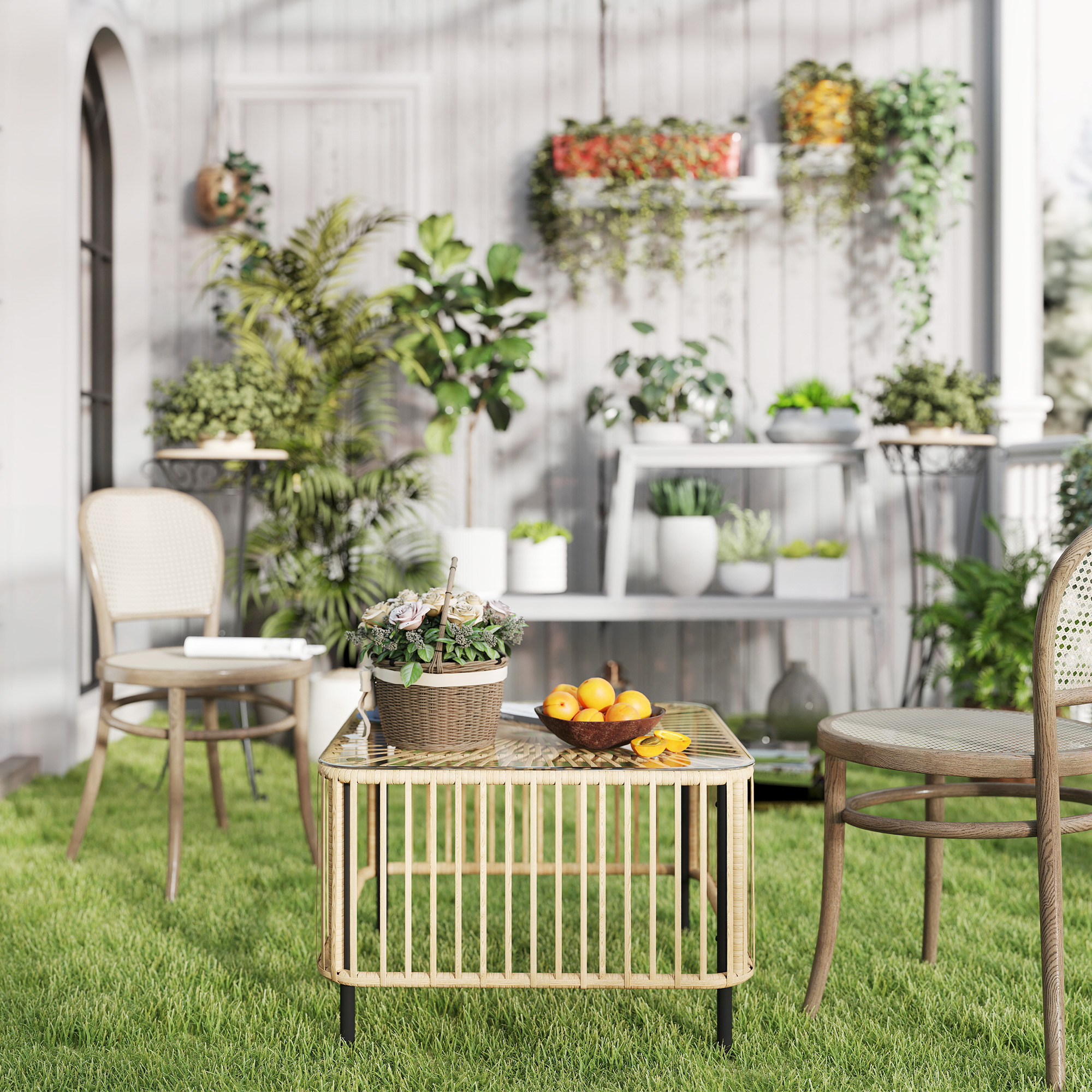 Polyrattan Gartentisch, 65 x 65 x 43 cm, wetterfest Beistelltisch quadrarisch mit Glasplatte Naturholz