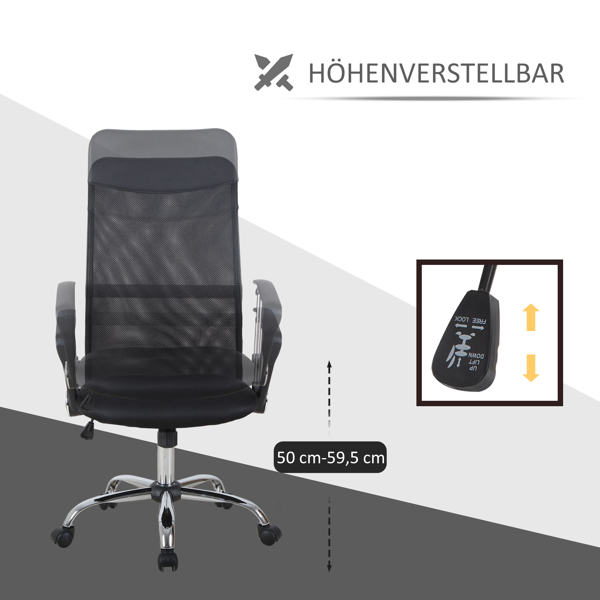 Ergonomischer Bürostuhl, Gaming Stuhl, Drehstuhl mit Wippenfunktion, höhenverstellbarer Schreibtischstuhl, Schaumstoff, Netz, Schwarz,  63 x 65 x 109-119 cm