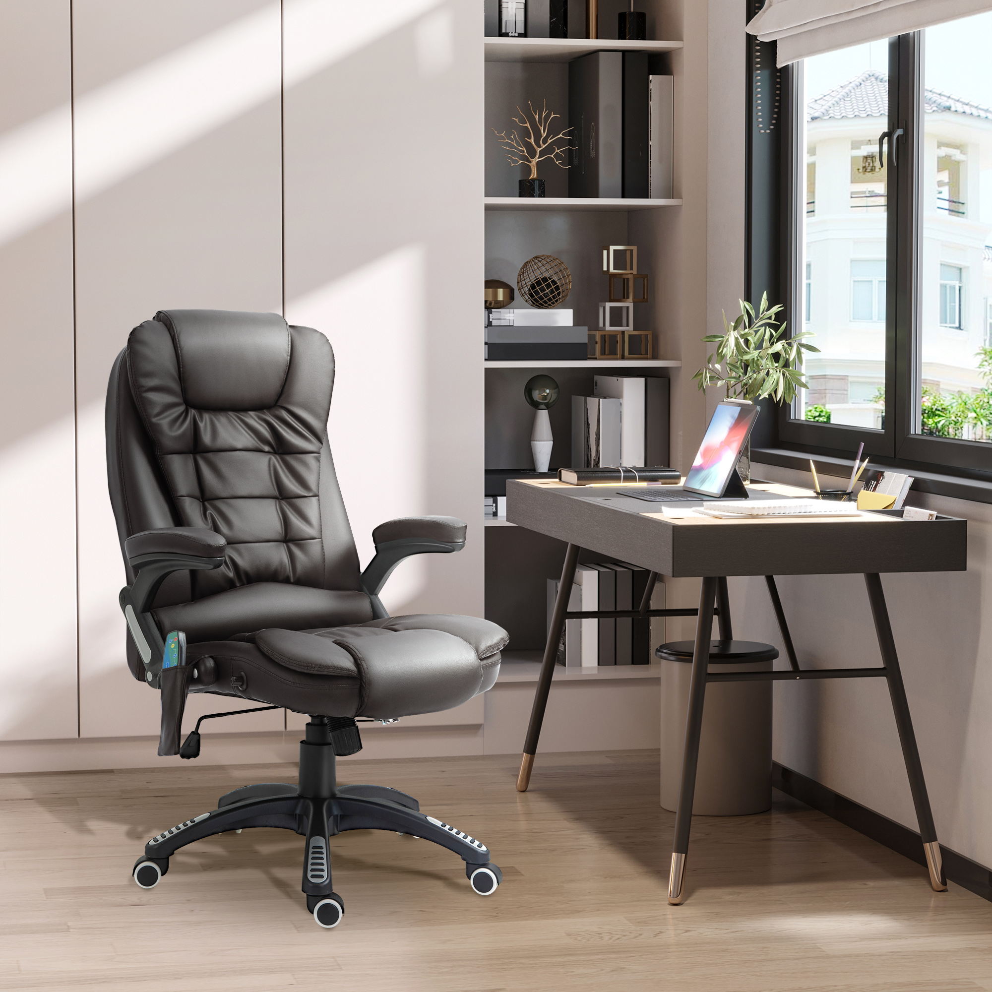 Bürostuhl mit Massagefunktion Ergonomischer Chefsessel mit Heizfunktion, Liegefunktion, Wippfunktion, Höhenverstellbar 360° Drehbar Schreibtischstuhl, Kunstleder, Braun