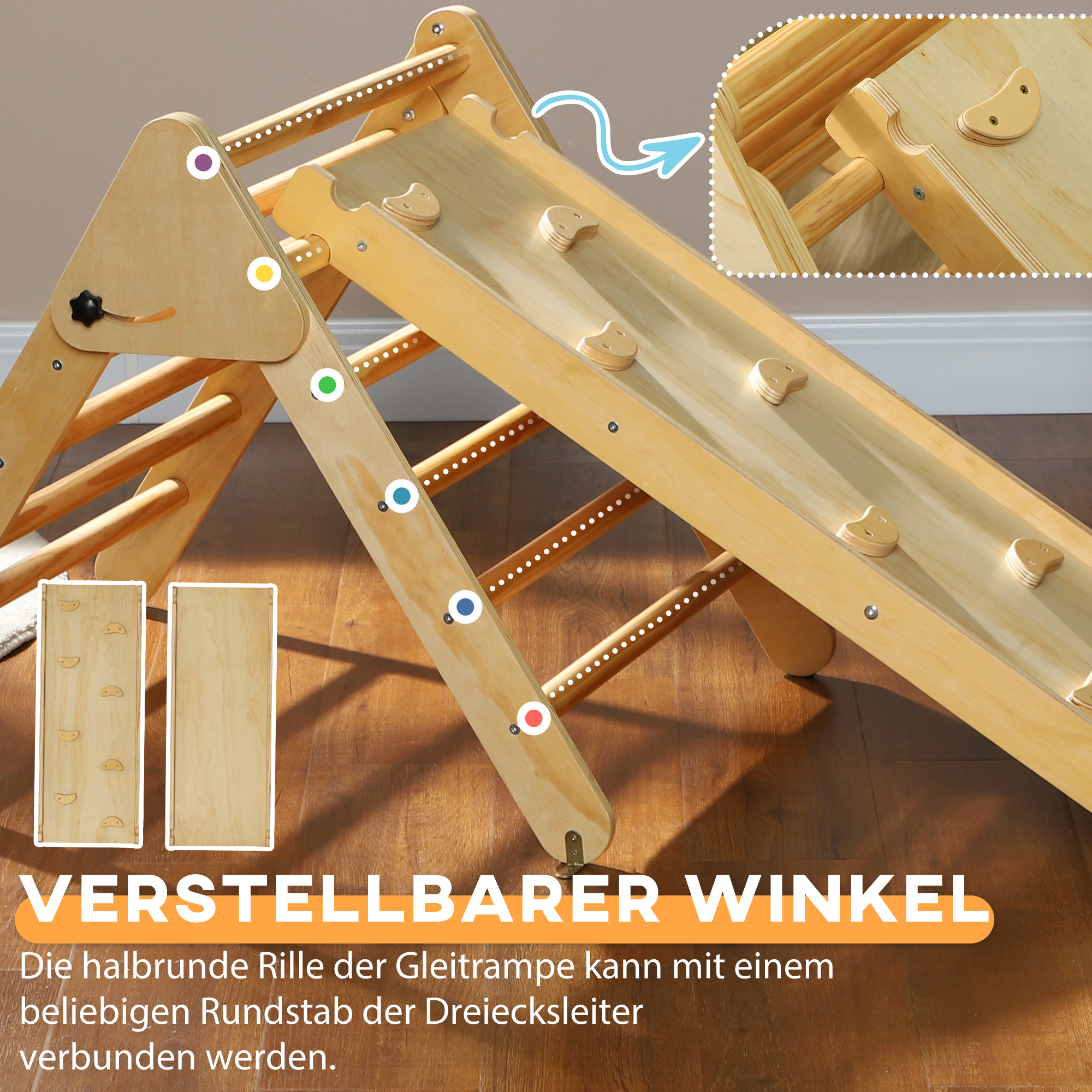 Kinder-Kletterset aus Holz mit Dreiecks-Leiter und zweiseitiger Rampe, für Kinder im Alter von 18-48 Monaten