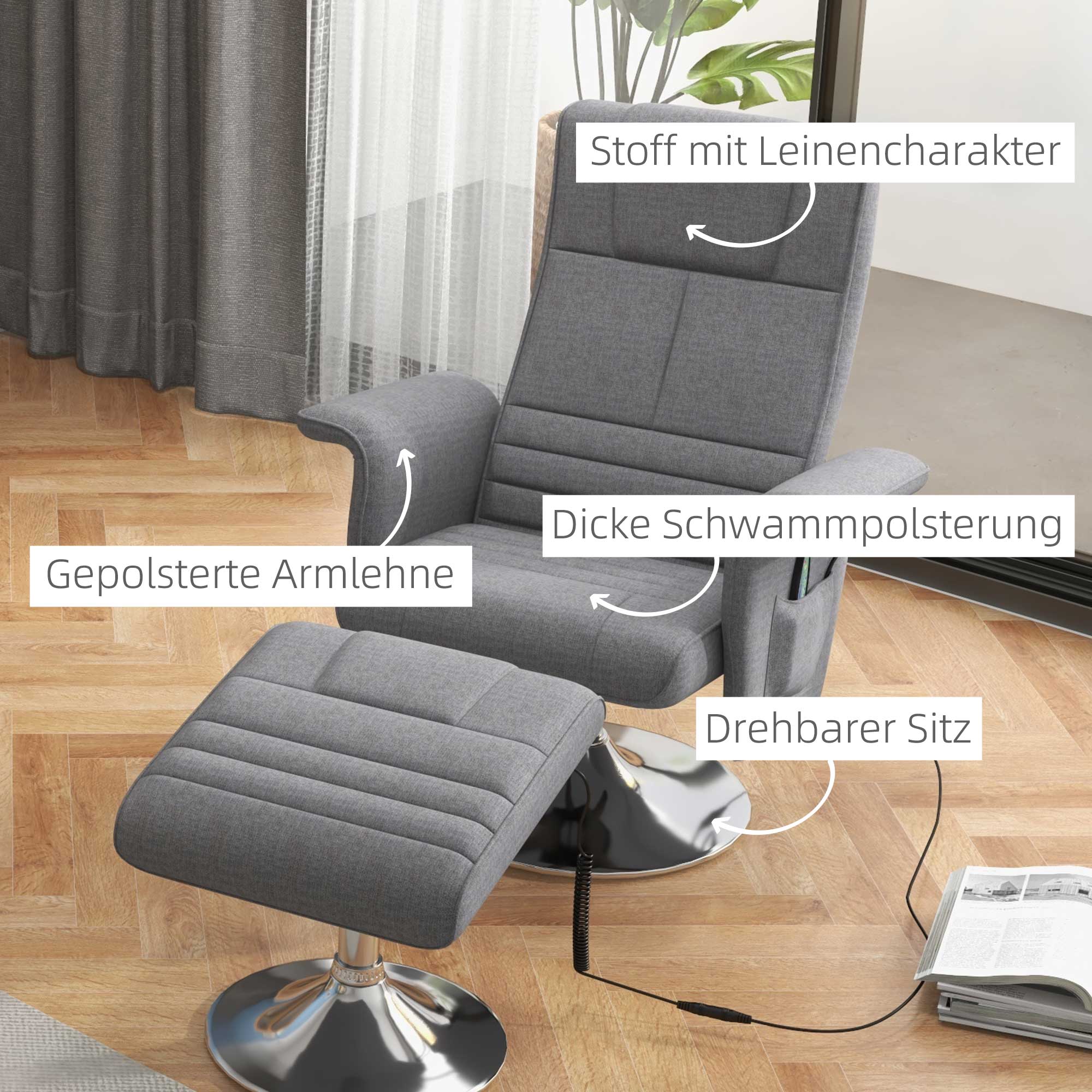 Massagesessel mit Hocker, neigbare Lehne, 78 x 95 x 88 cm, Dunkelgrau