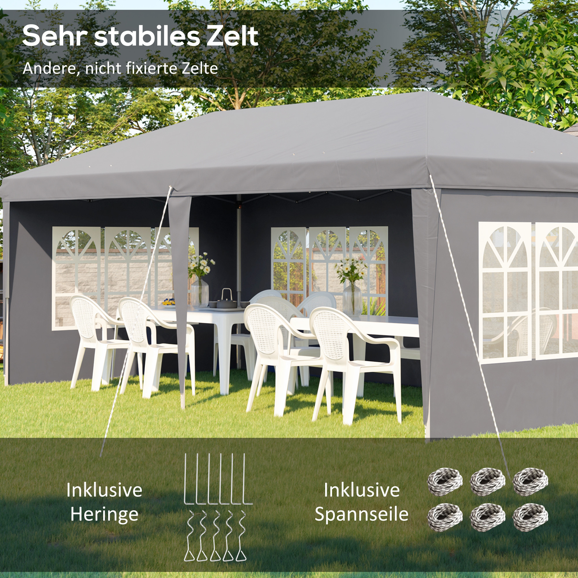 Pavillon ca. 3x6m Wasserdicht Pop-up Faltpavillon mit 4 Seitenwänden, Fenster UV-Schutz Tragetasche Grau