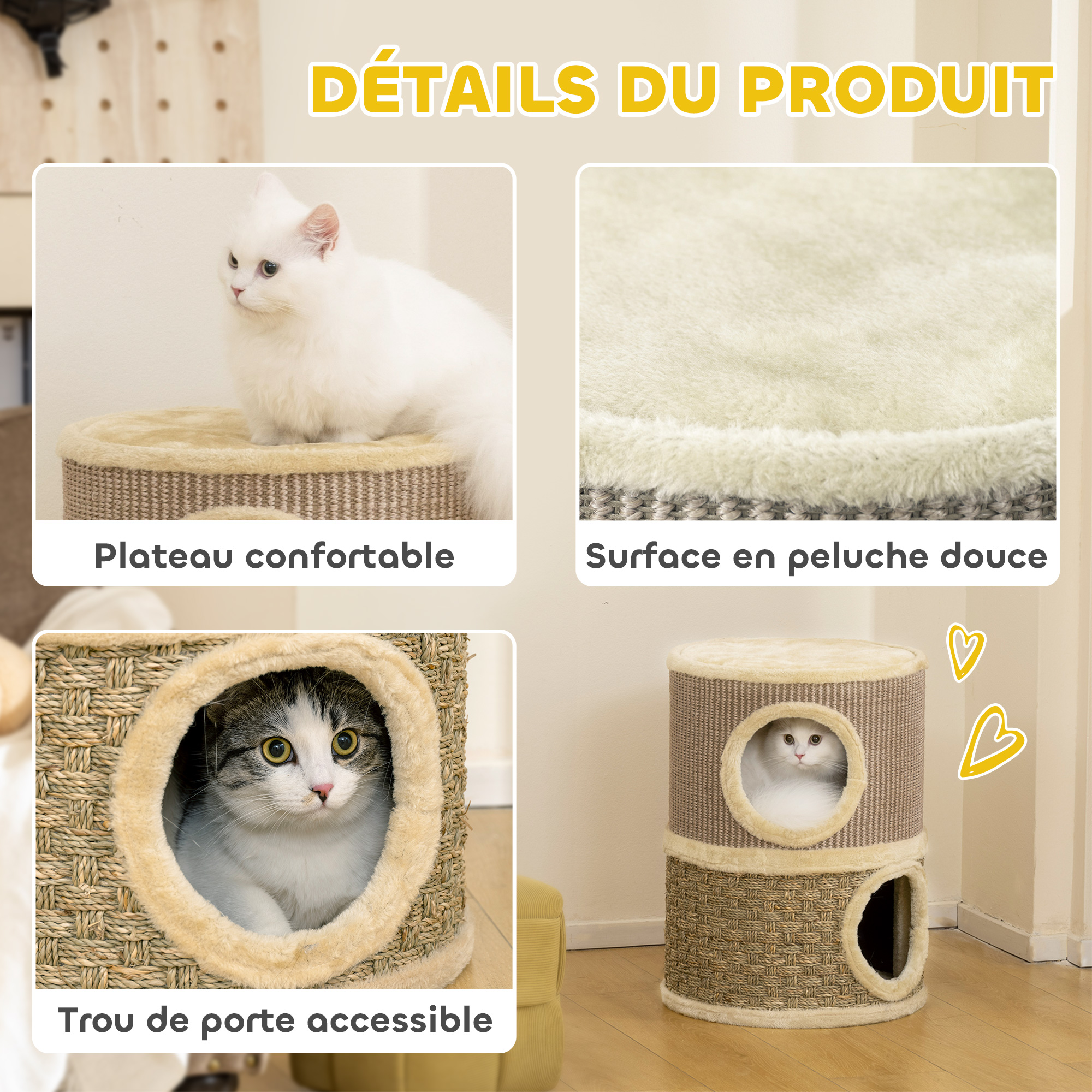 Kratztonne, 49 cm hoch, Ø35,5 cm zweistöckige Katzentonne mit Plüschrand Kratzmatte, 2 Höhle Khaki+Kaffee