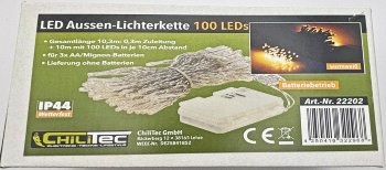 LED Batterie-Lichterkette "CT-TK100" 10m, warmweiß, IP44, 100 LEDs, mit 6Std.Timer