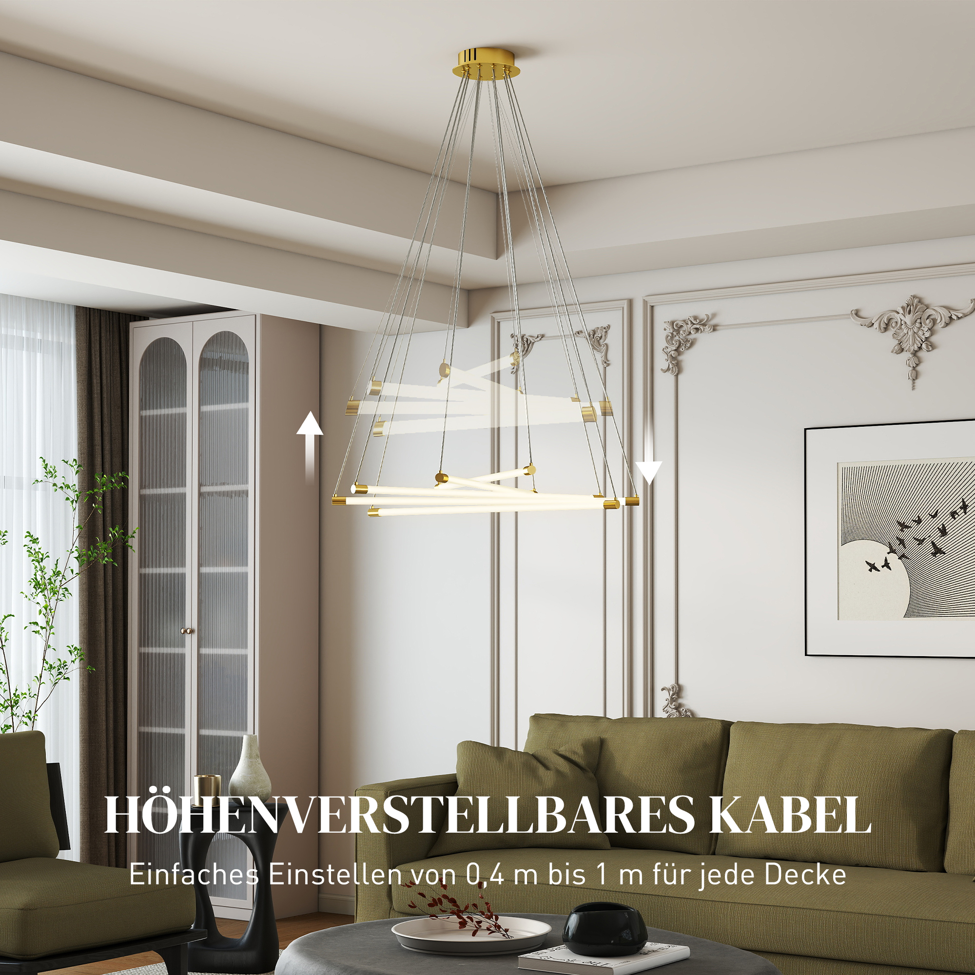 LED-Deckenlampe, 50W, 5 anpassbare Lichtrohre, anpassbar, Deckenleuchte für Wohnzimmer, Esszimmer, Küche, Gold+Weiß