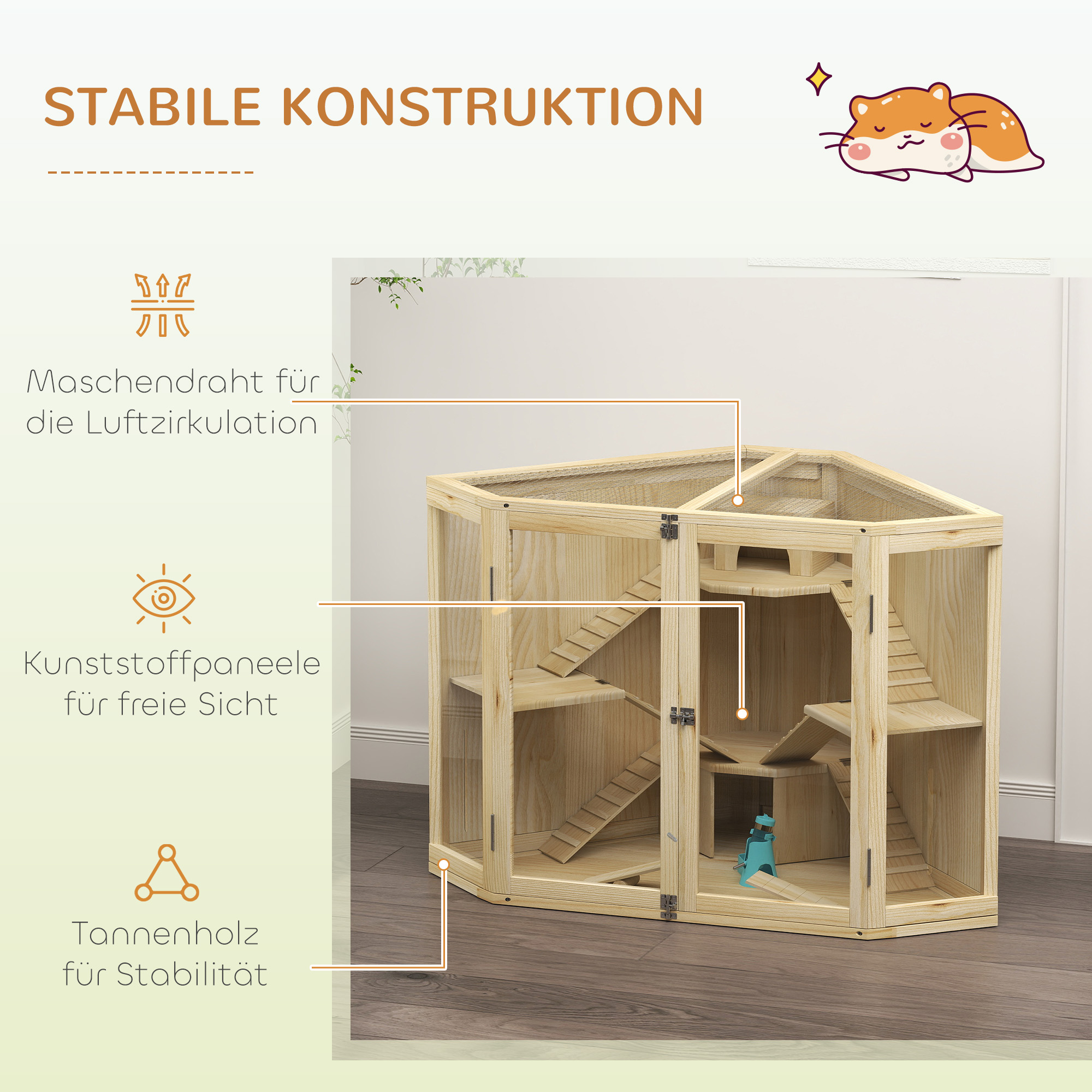 Hamsterkäfig, 4-Ebenen-Design, mit Fütterungsstation, Wippe, Rampe, Hütten, 115 x 69,5 x 79 cm, Holz