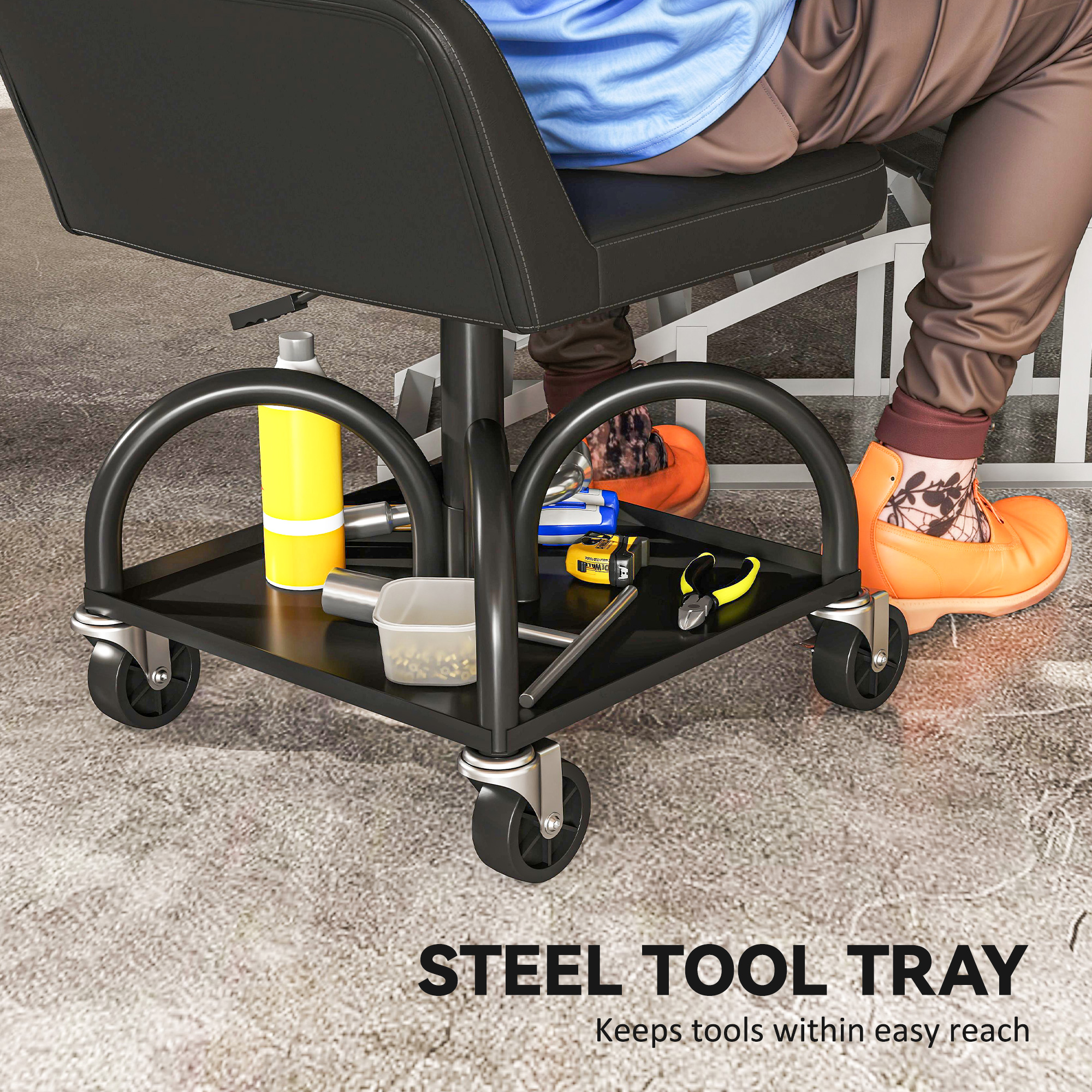 Werkstatthocker mit Rollen Ablagefläche, 58,5 cm hoch Rollhocker bis 135 kg belastbar Schwarz