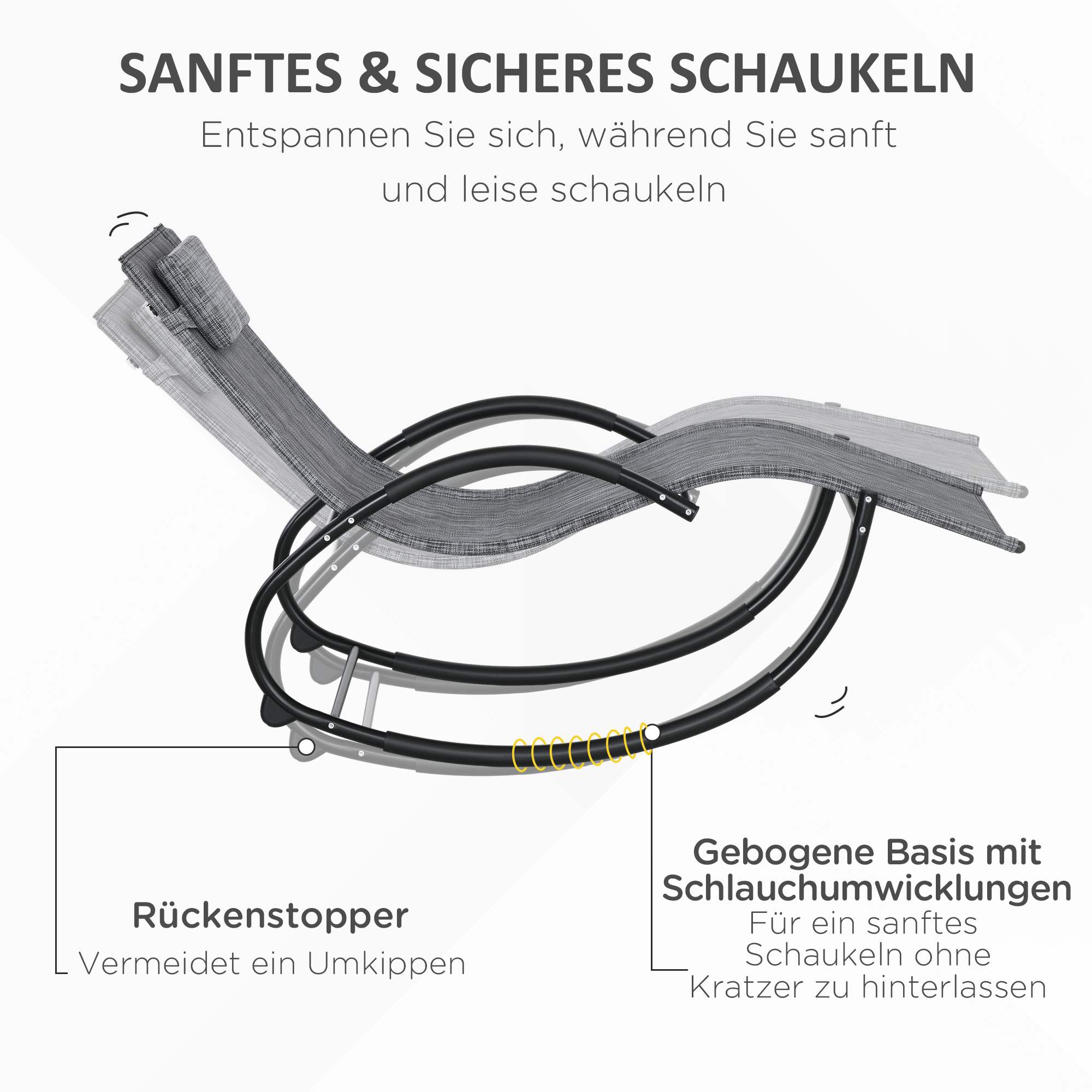 Schaukelstuhl Gartenstuhl Liegestuhl, inkl. Kopfstütze, 155 cm x 61cm x 88 cm, Grau