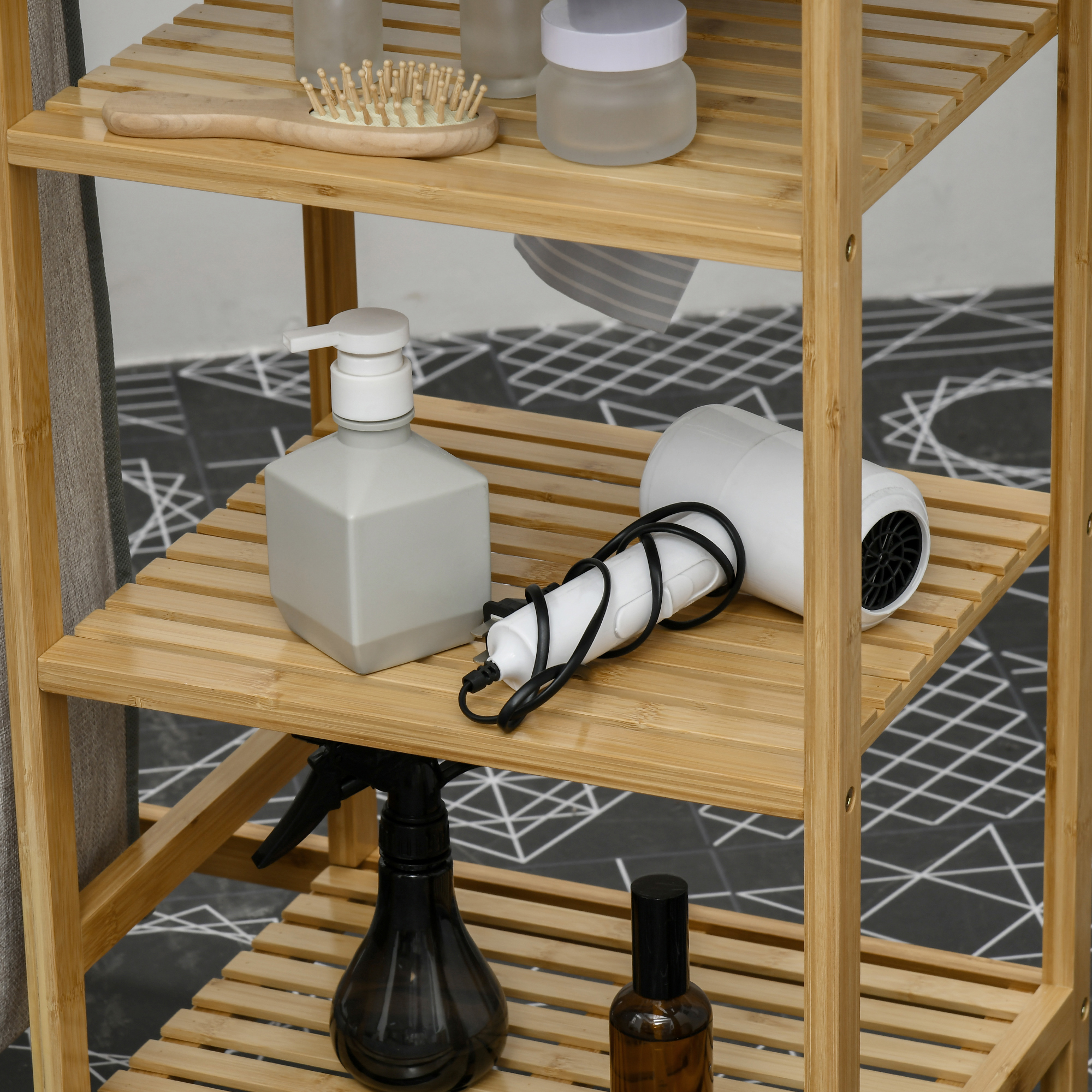 Wäschesammler, multifunktional, Bügelbrett & Stoffsack 57L, Bambusgestell, 113x34x82cm, Natur/Grau