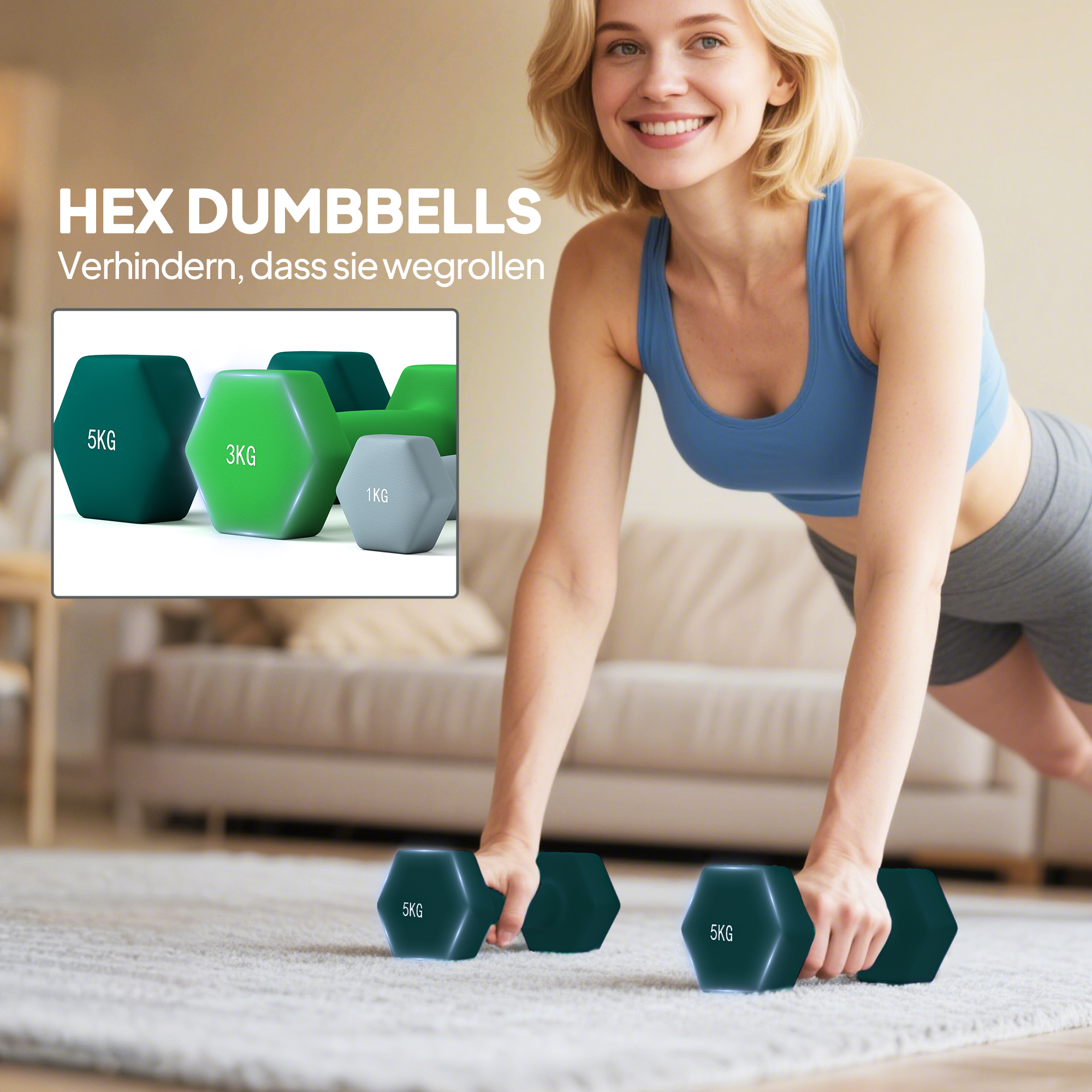 Hantelset mit Aufbewahrungsgestell, Set mit 6 Hanteln für Fitness-Training, 2 x 1kg, 2 x 3kg, 2 x 5kg