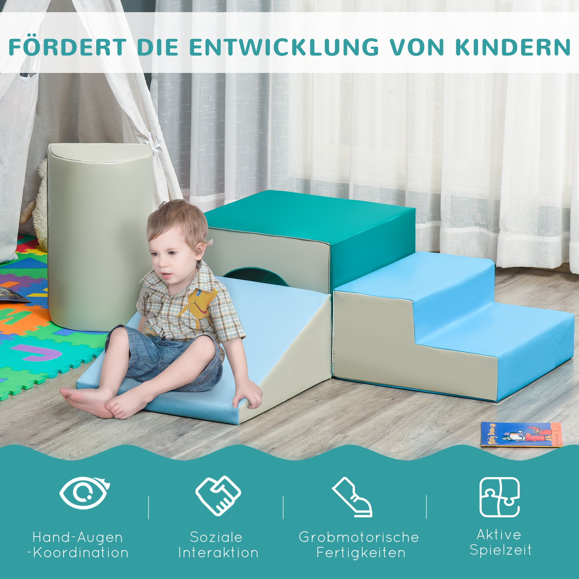 Bausteinset 4er-Set Schaumstoff Bausteine einfache Reinigung weiche Füllung Schaumstoffblöcke für 1-3 Jahre Kinder EPE Hellgrau+Blau+Grün 150 x 50 x 39 cm