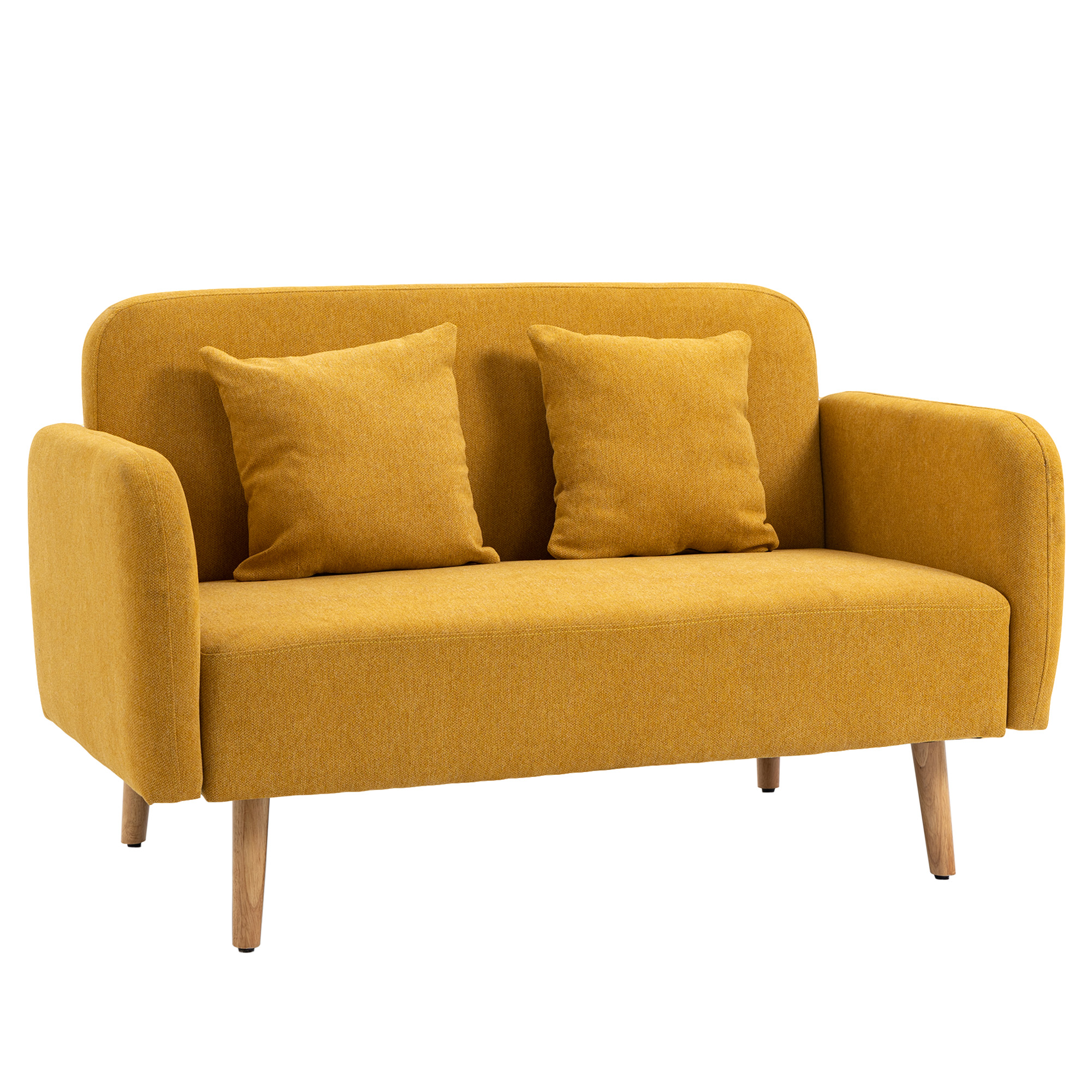 Sofa 2 Sitzer Couch mit 2 Wurfkissen, Kleine Loveseat mit Samtopik Modern Polstersofa für Wohnzimmer, Schlafzimmer, kleinen Raum, Gelb 130 x 70 x 80 cm
