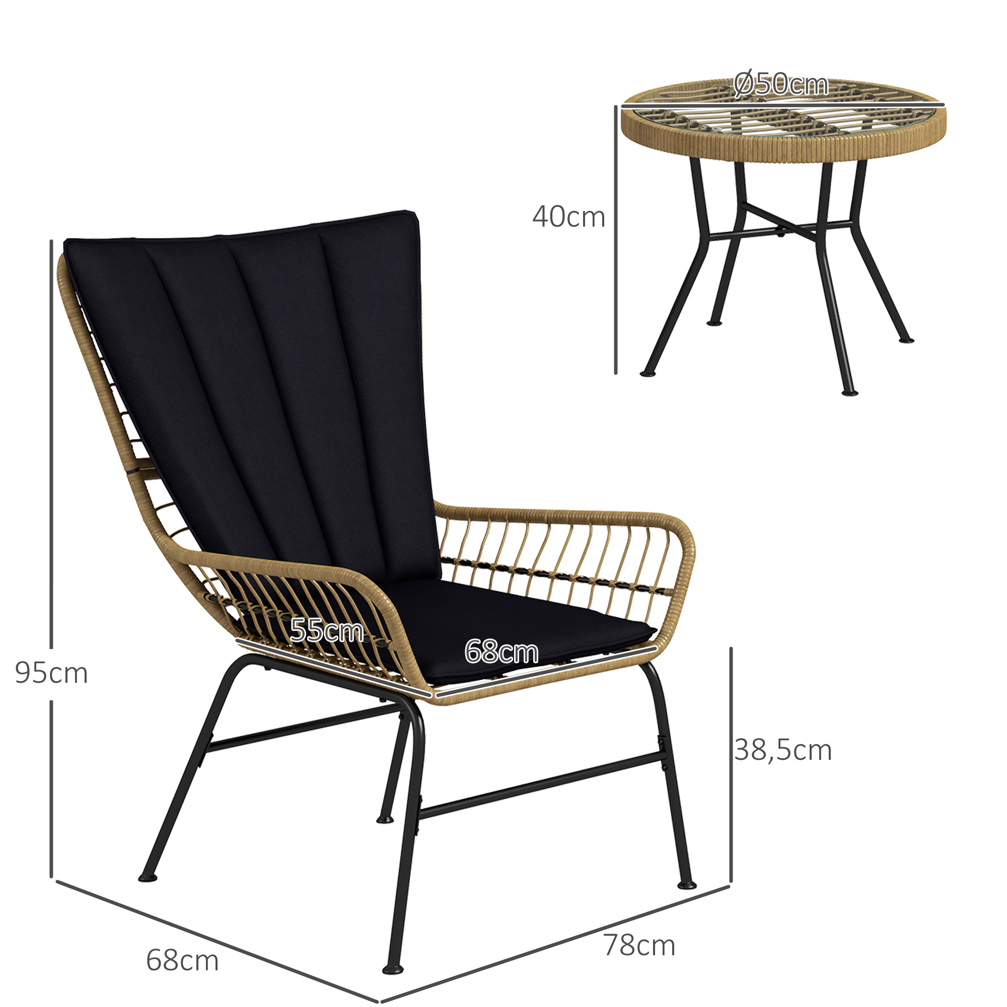 Bistro-Set Balkonmöbel-Set Balkonmöbel, Boho-Stil, wetterbeständig, 76 x 66 x 96 cm, Schwarz