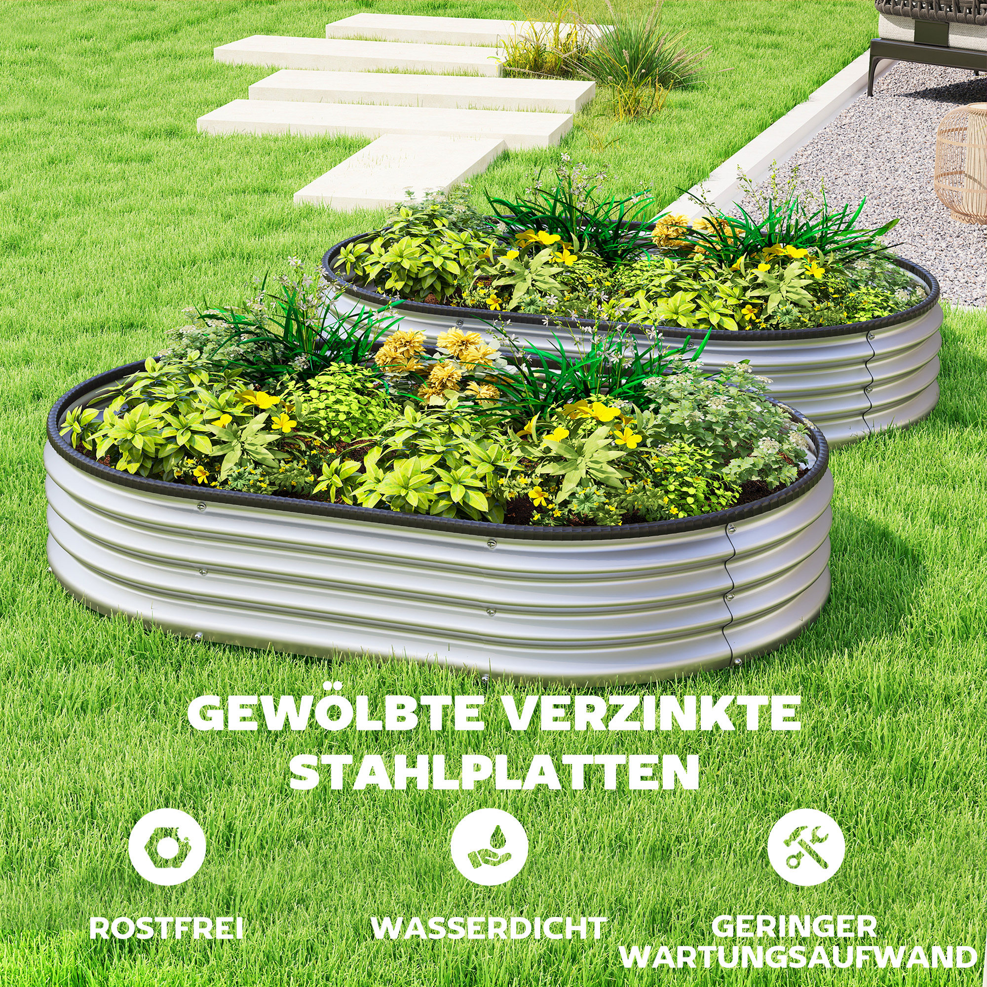 Hochbeet Metall 2er Set 135 x 90 x 30cm Oval Hochbeete mit Gummistreifen