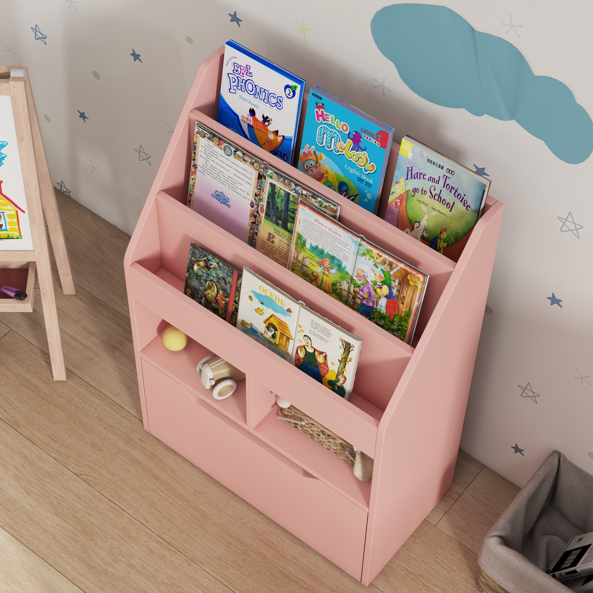 Kinderregal mit Schublade, Bücherregal mit Fächern, 60 x 29,9 x 90 cm, Rosa
