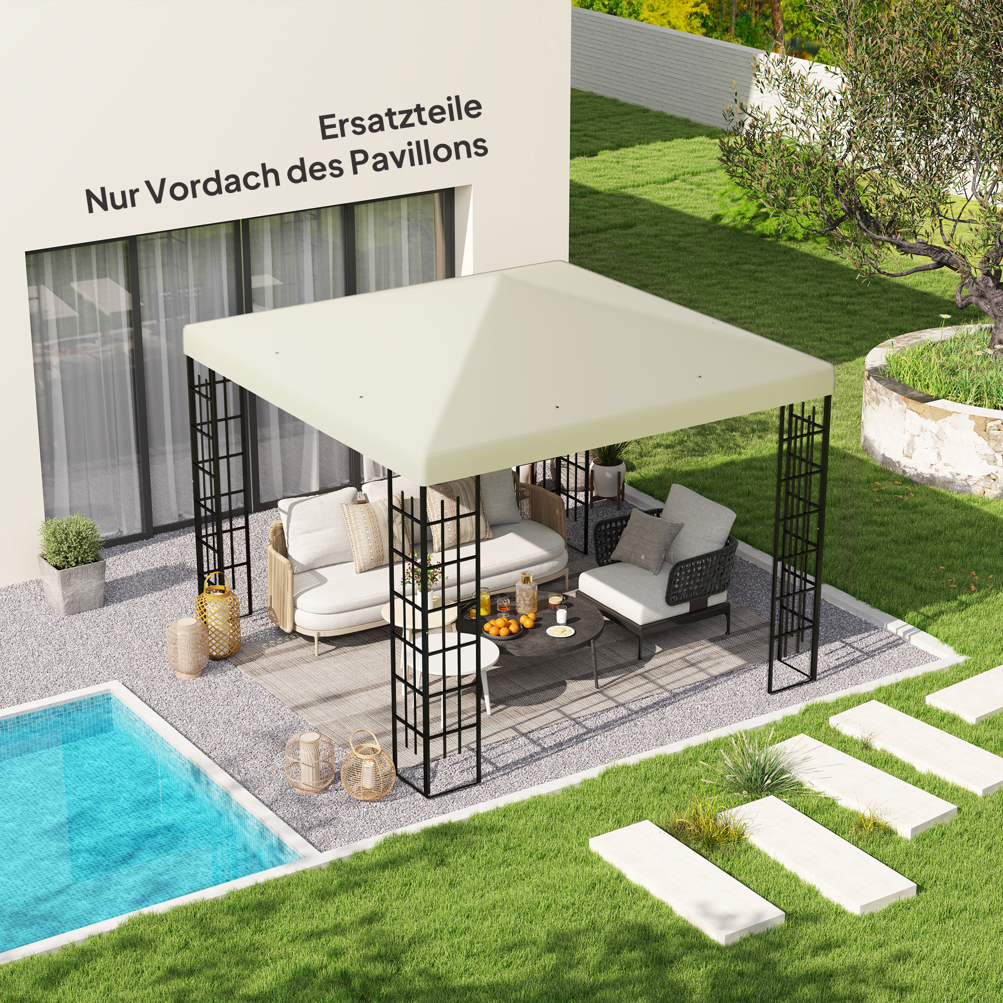3 x 3 m Ersatzplane für Pavillon, Plane für Garten-Pavillon, mit Wasserablauföffnungen, UPF30+, Cremeweiß