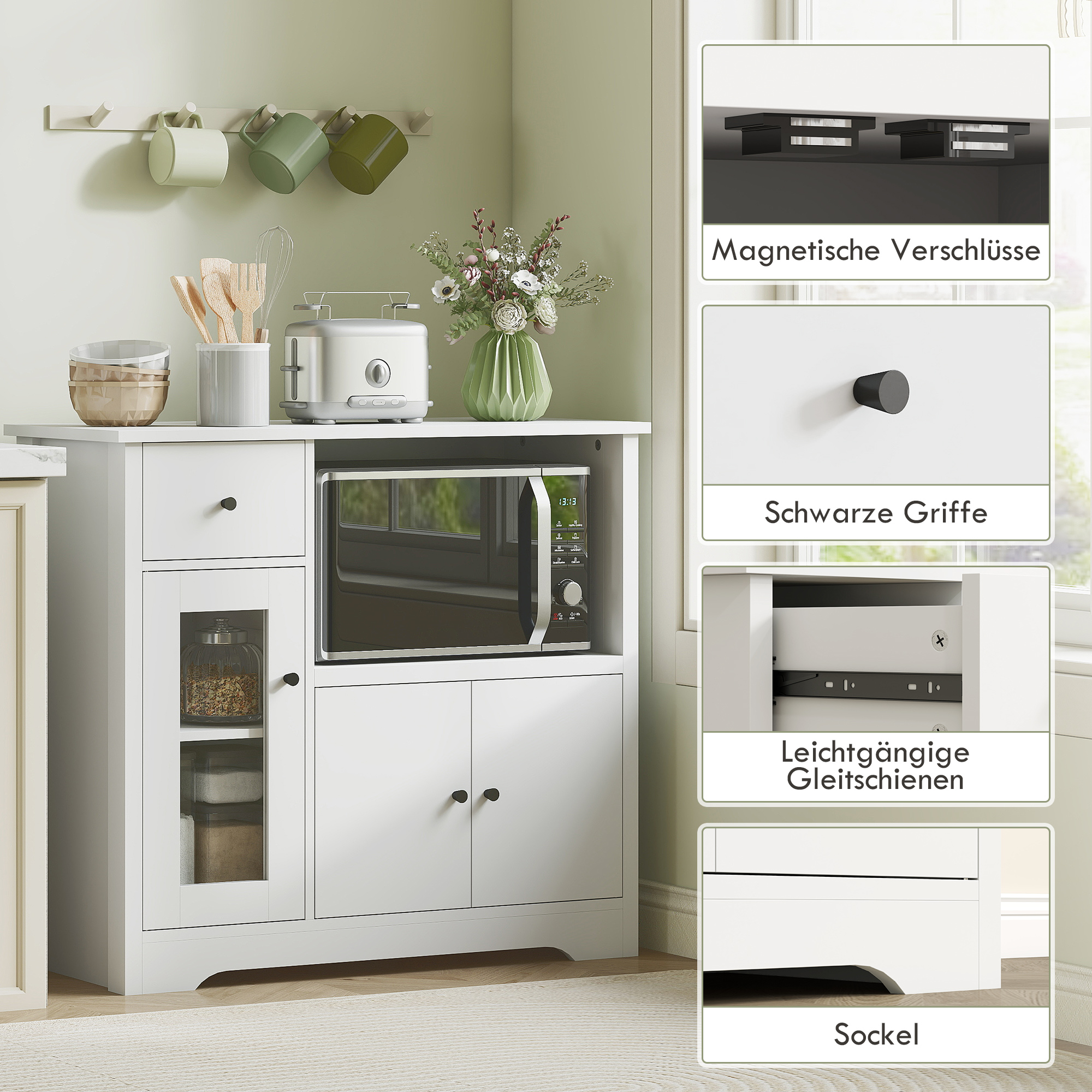 Küchenschrank mit Kabelloch, Kommode mit 2 Schränken, offenes Fach, Schublade, 80 x 35 x 72,2 cm, Spanplatte, Weiß