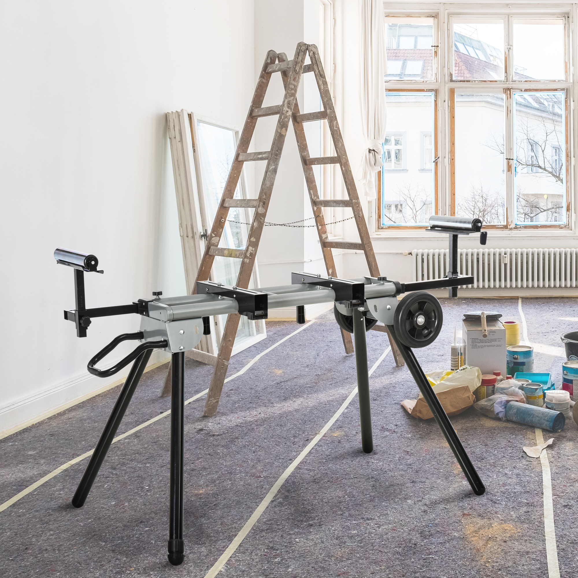 Untergestell für Kappsägen Arbeitstisch für Kapp- und Gehrungssägen Sägengestell Kappsäge Stahl Schwarz+Silber Seitenverlängerung 123,5-245 cm