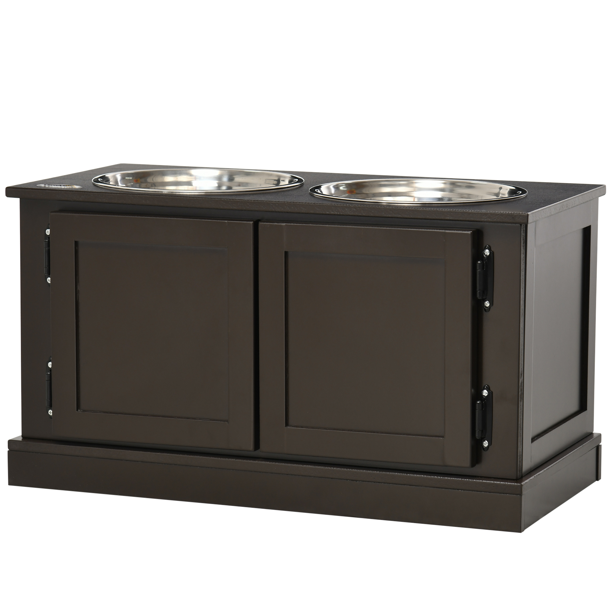 Futterstation erhöhte Futternäpfe, inklusive Stauraum, 60 cm x 30 cm x 34 cm, Braun + Silber