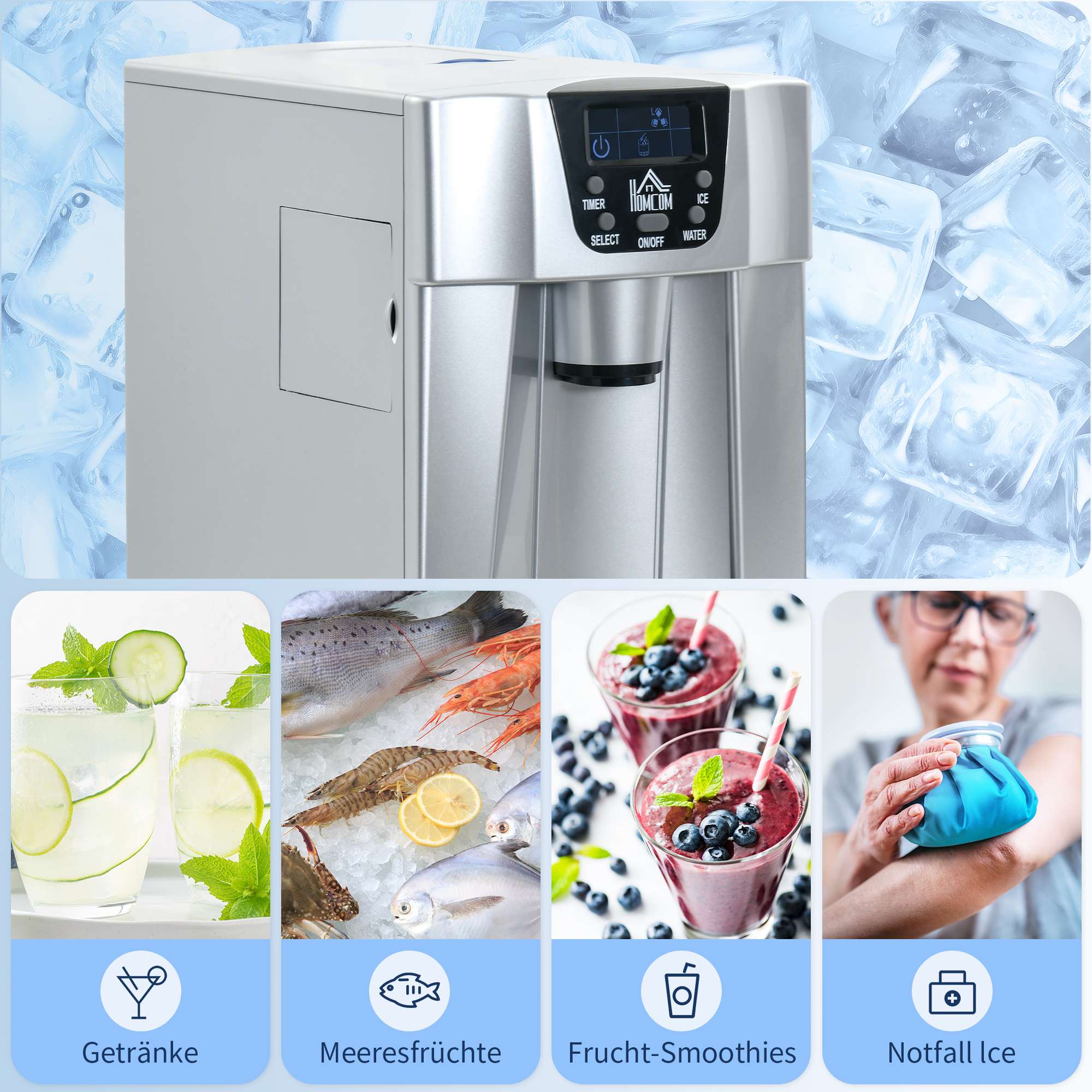 Eiswürfelmaschine Eiswürfelbereiter Ice-Maker, Timer-Funktion, 1,2 L Wassertank,  Silber