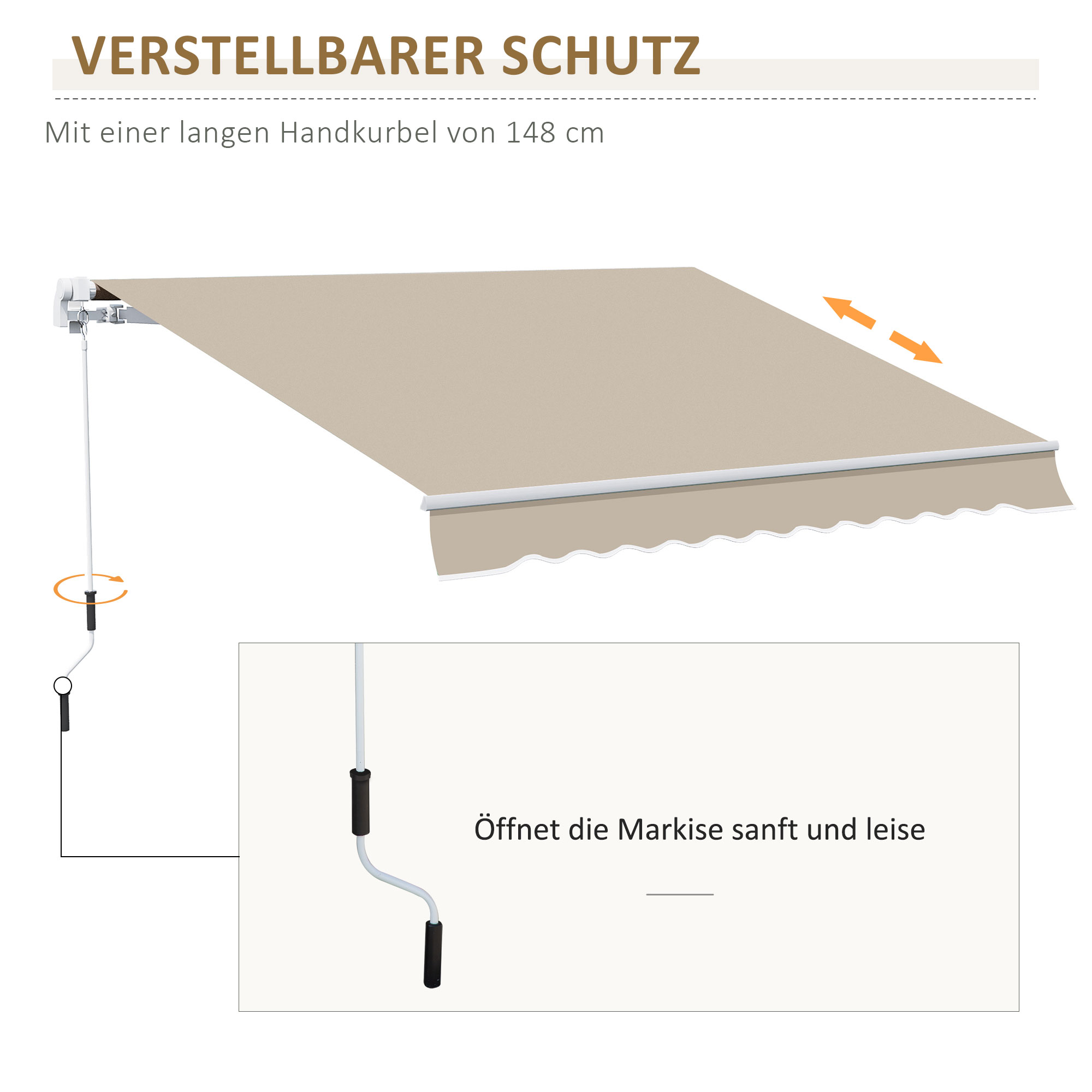 Markise, Sonnenschutz, einfahrbar, mit Handkurbel, Metallrahmen, Polyester, Weiß+Beige, 3,95 x 2,45 m