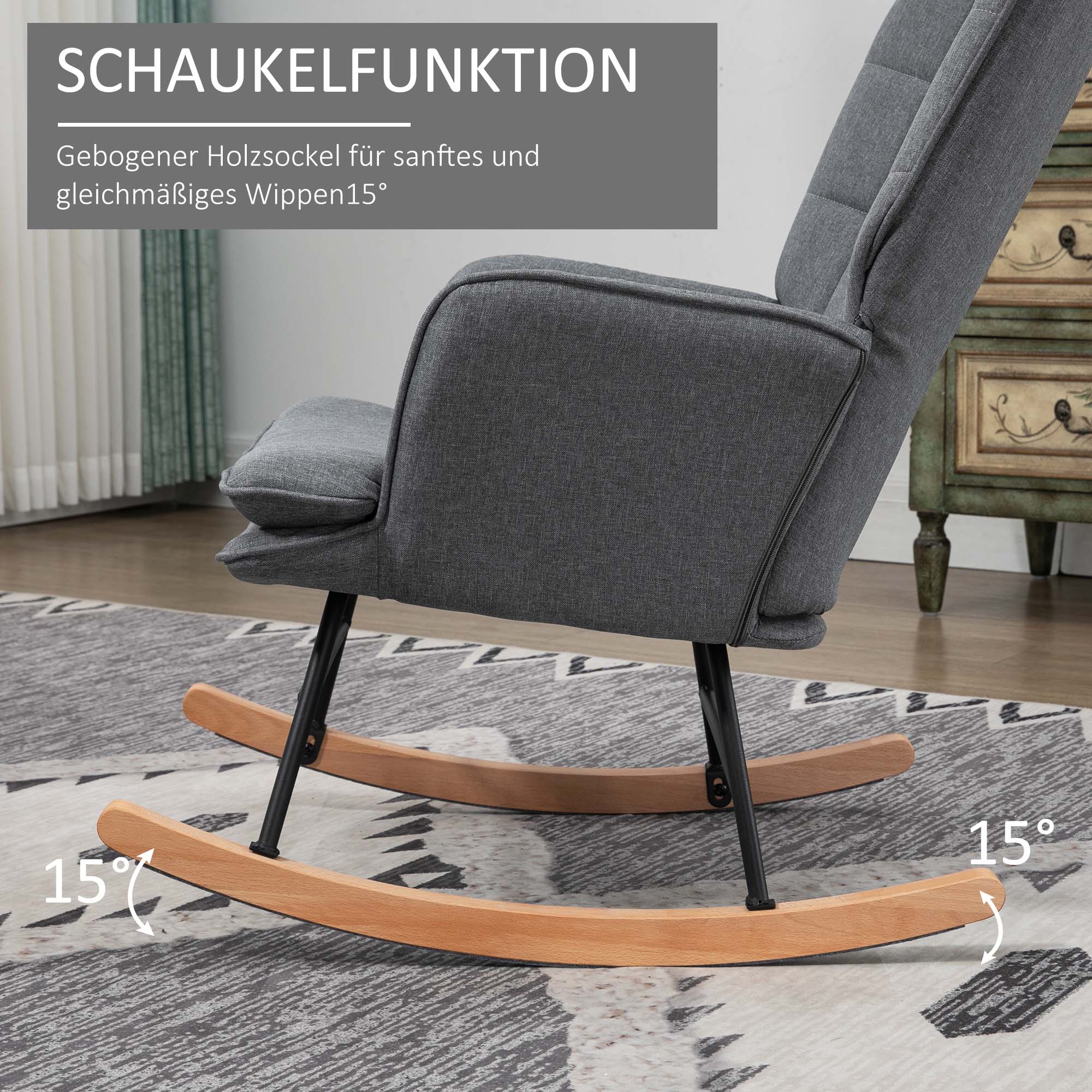 Schaukelstuhl mit Hocker, komfortabel, bis 130 kg, Leinenoptik, 64x89x90cm, Grau