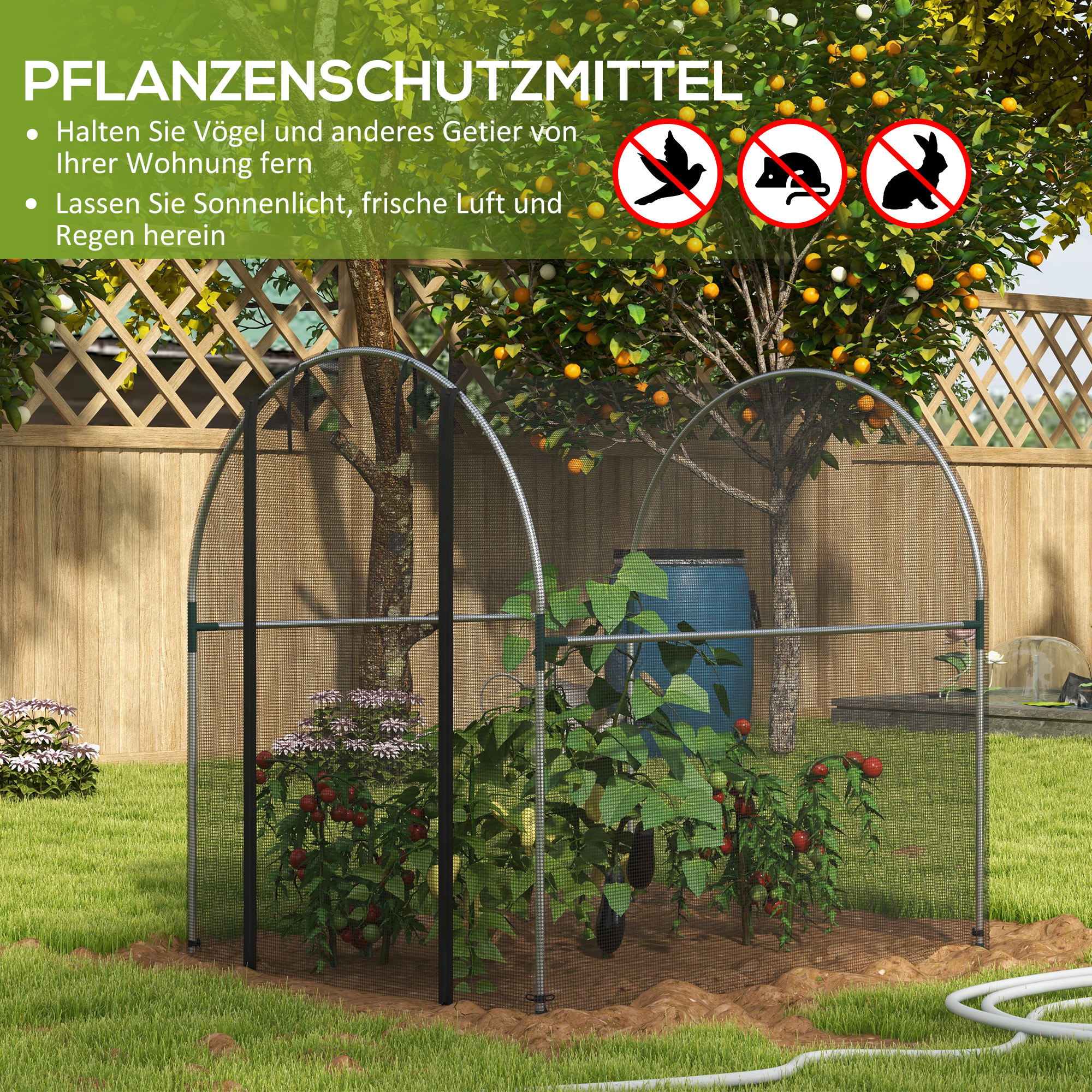 Pflanzenschutznetz, Vogelschutz, mit Tür und stabilem Stahlrahmen, 1,2x1,5x1,5m, Schwarz/Silber