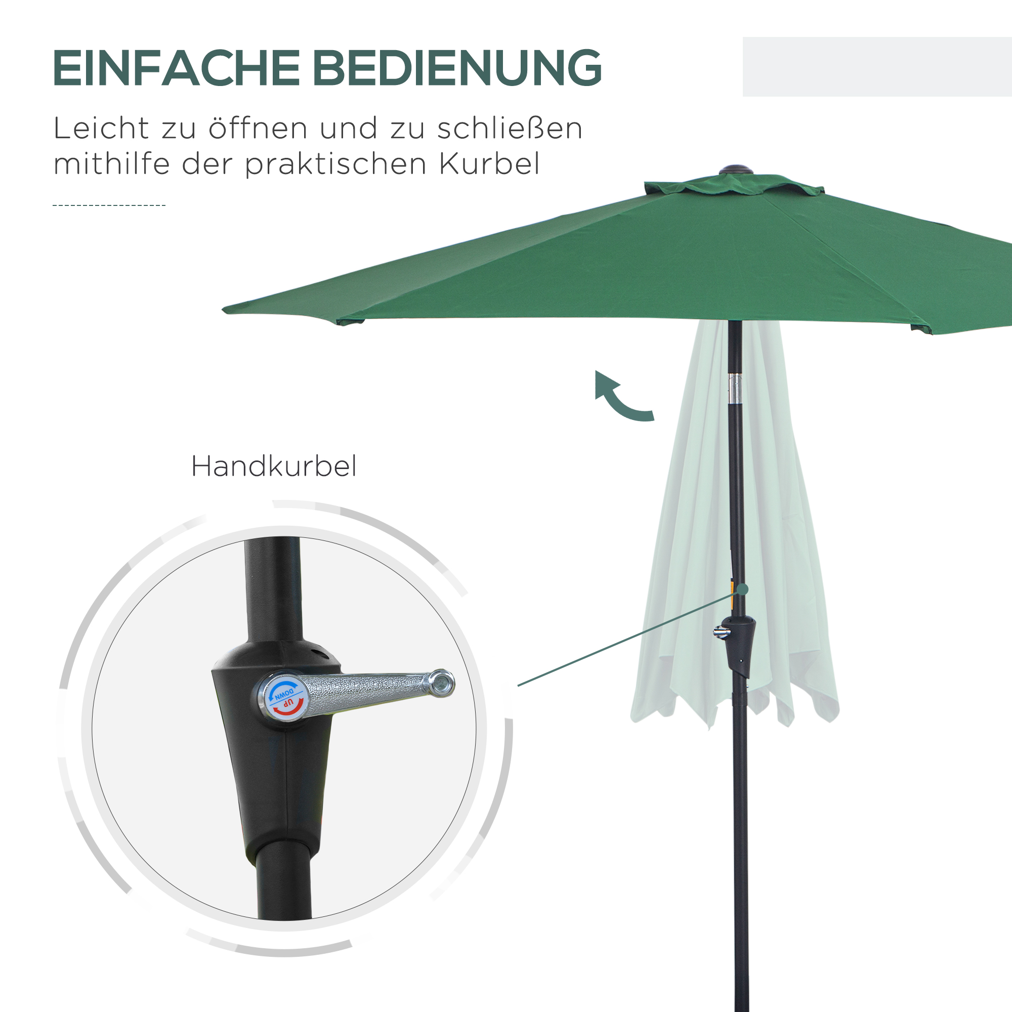 Knickschirm Sonnenschirm Gartenschirm Marktschirm mit Handkurbel Alu 180/? Polyester Dunkelgrün ?2,6 x 2,35 m