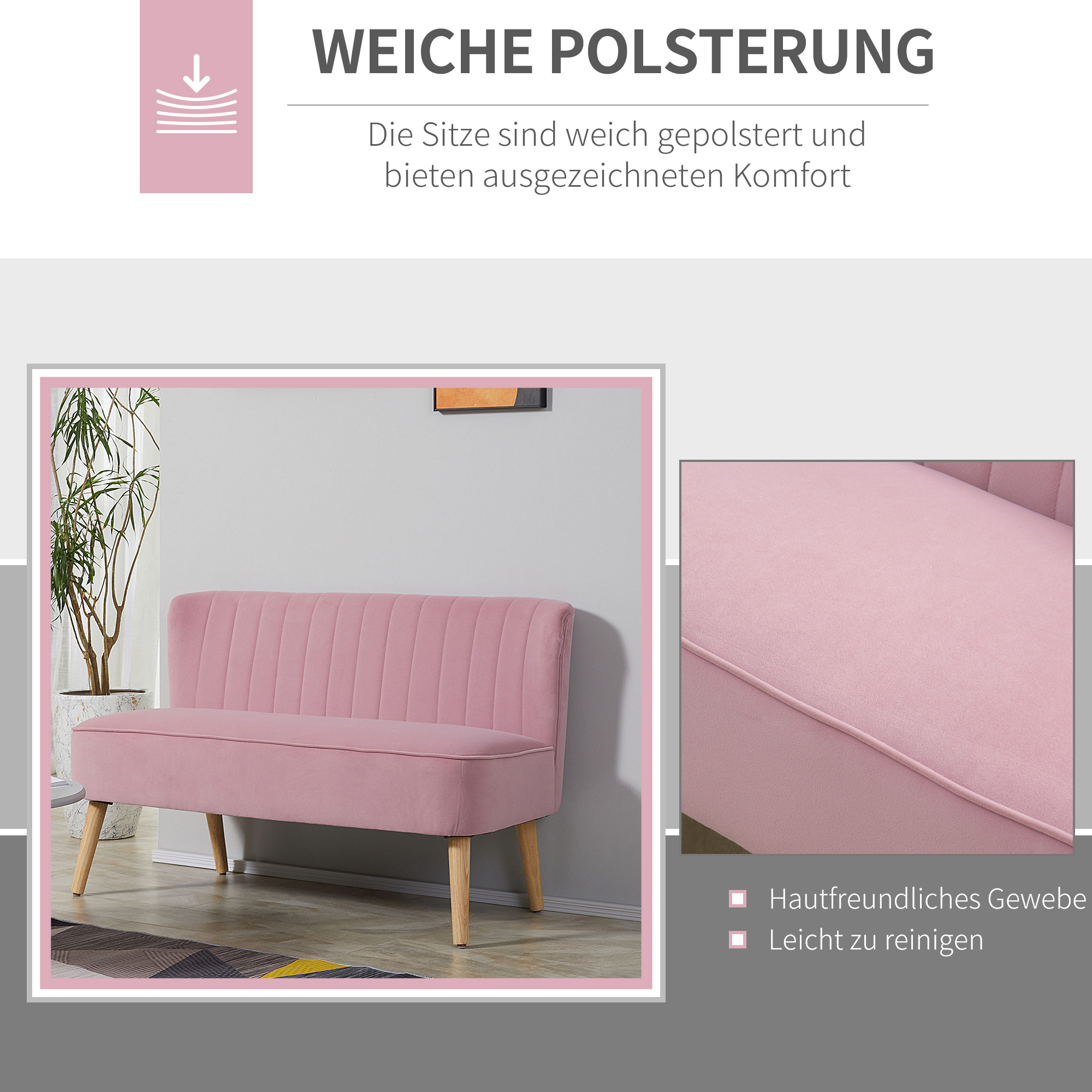2-Sitzer Stoffsofa Polstersofa Doppelsofa Sitzmöbel Loungesofa Holz Samtartiges Polyster Schaumstoff Rosa 117 x 56,5 x 77 cm