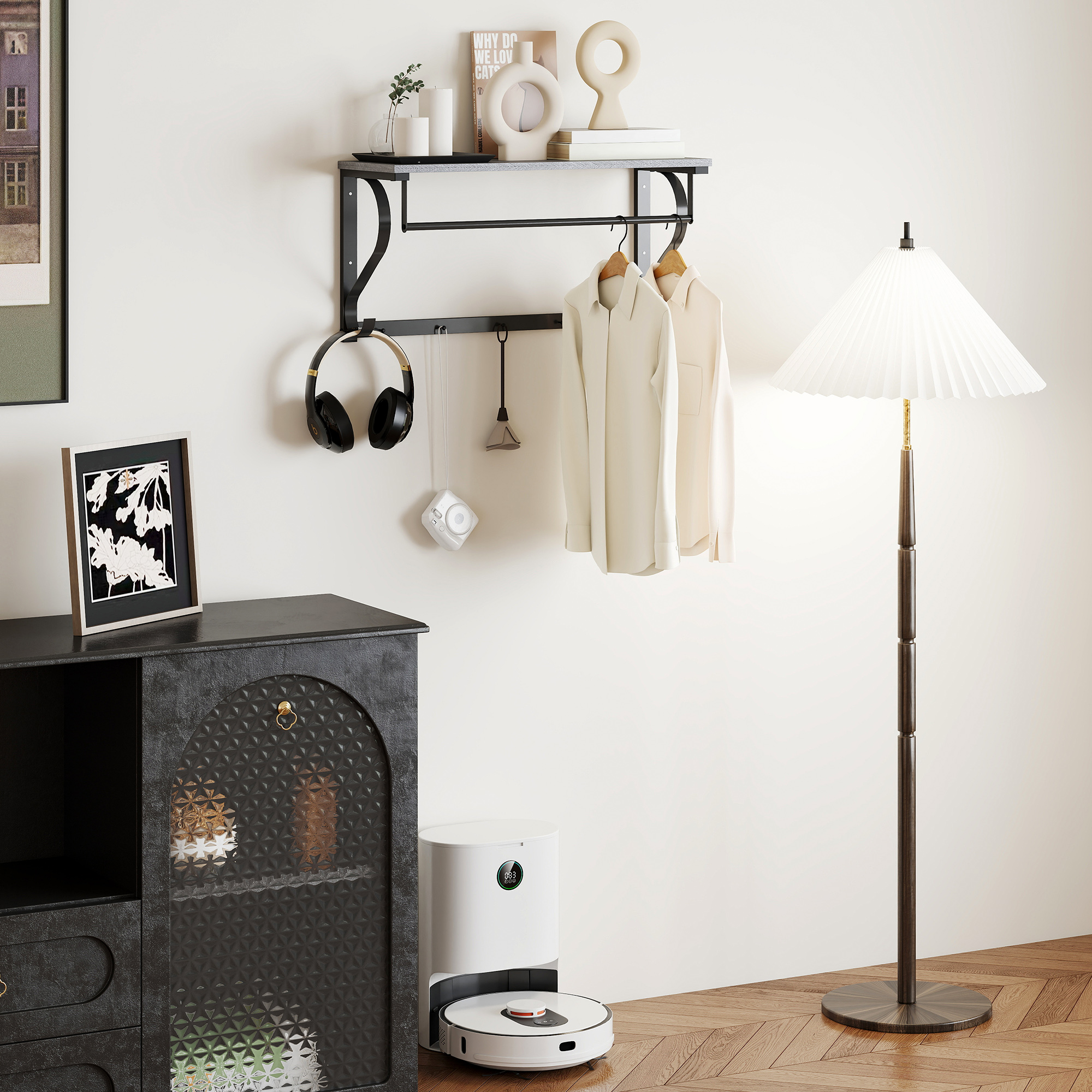 Wandmontierter Kleiderständer, Kleiderhaken, 5 Haken, oberes Fach, vielseitig, Grau