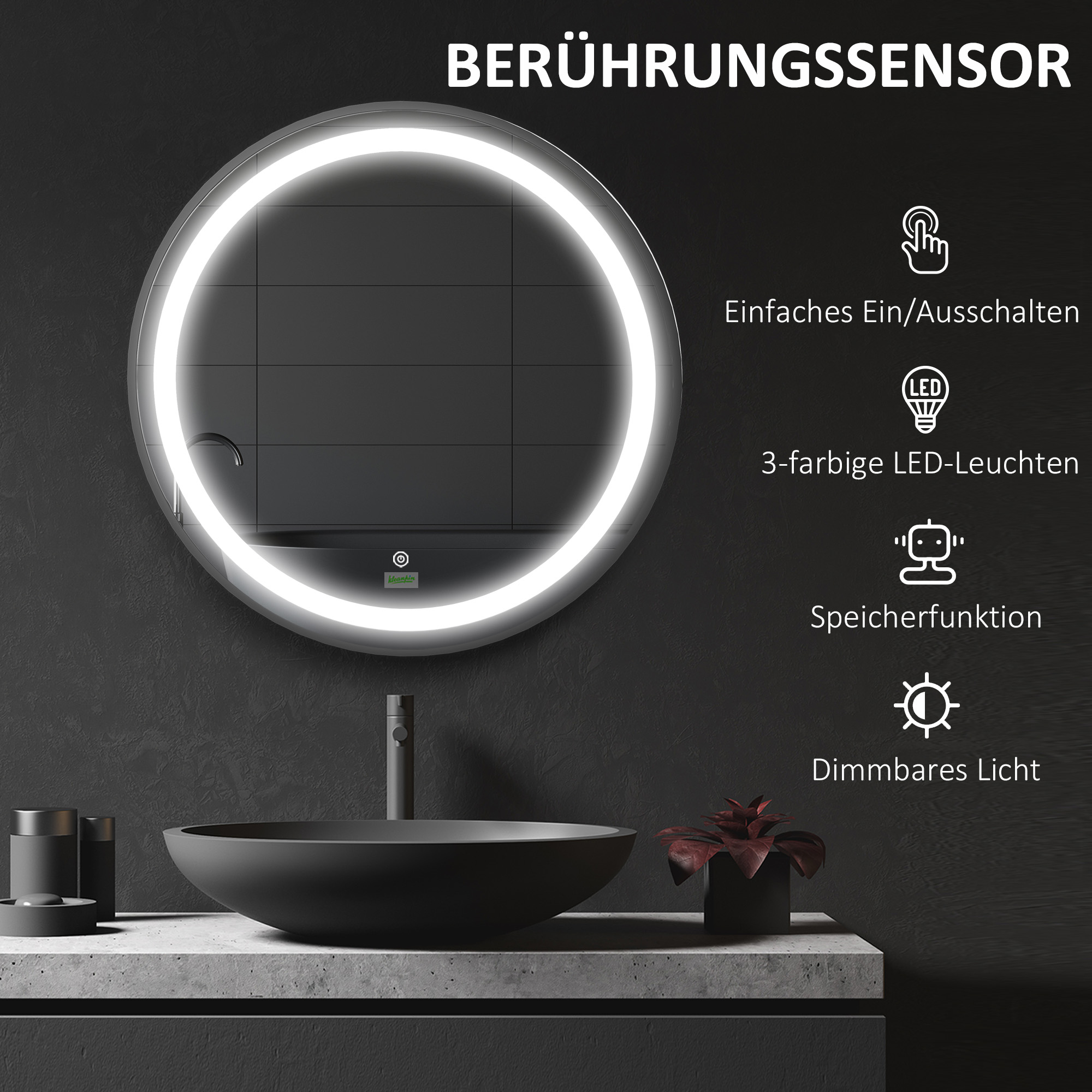 Badezimmerspiegel, LED-Beleuchtung, dimmbar, 3 Lichtfarben, Metallrahmen, Ø60 cm, Schwarz
