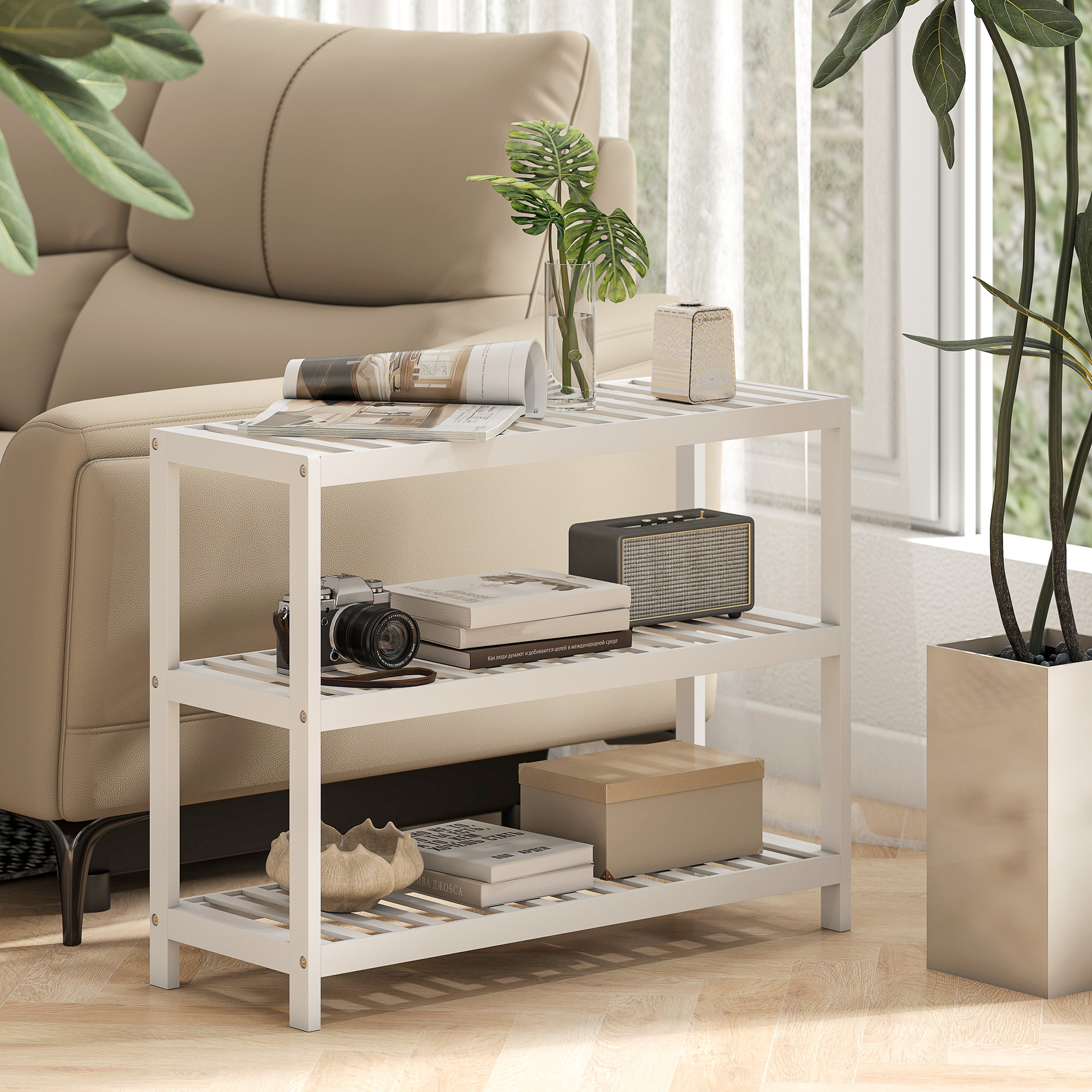 3-stufiges Bambusregal, Schuhregal, Aufbewahrungsregal, lackierte Oberfläche, Weiß