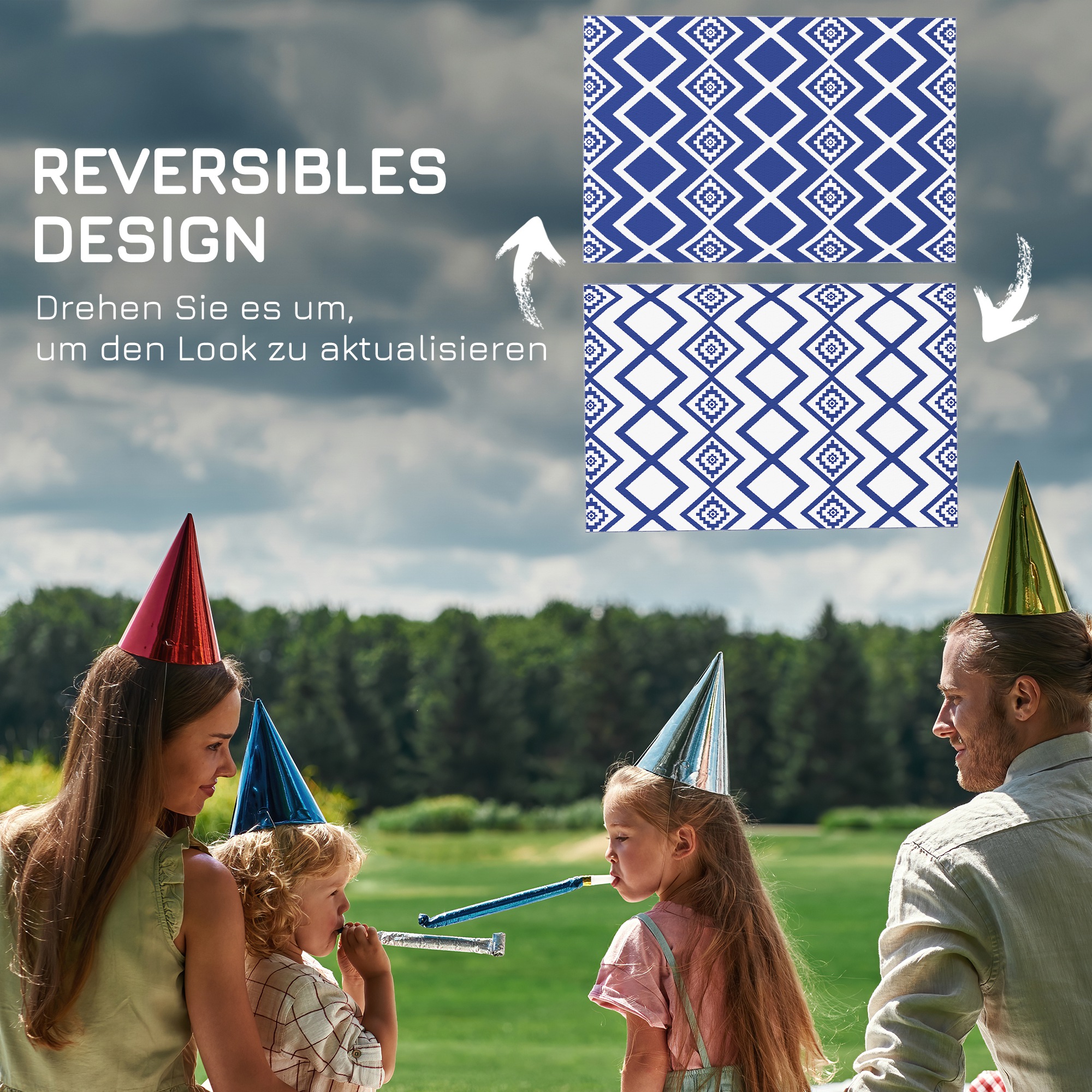 Outdoorteppich Terrassenteppich, wetterbeständig, modernes Design, 182 cm x 274 cm x 0,3 cm, Blau + Weiß