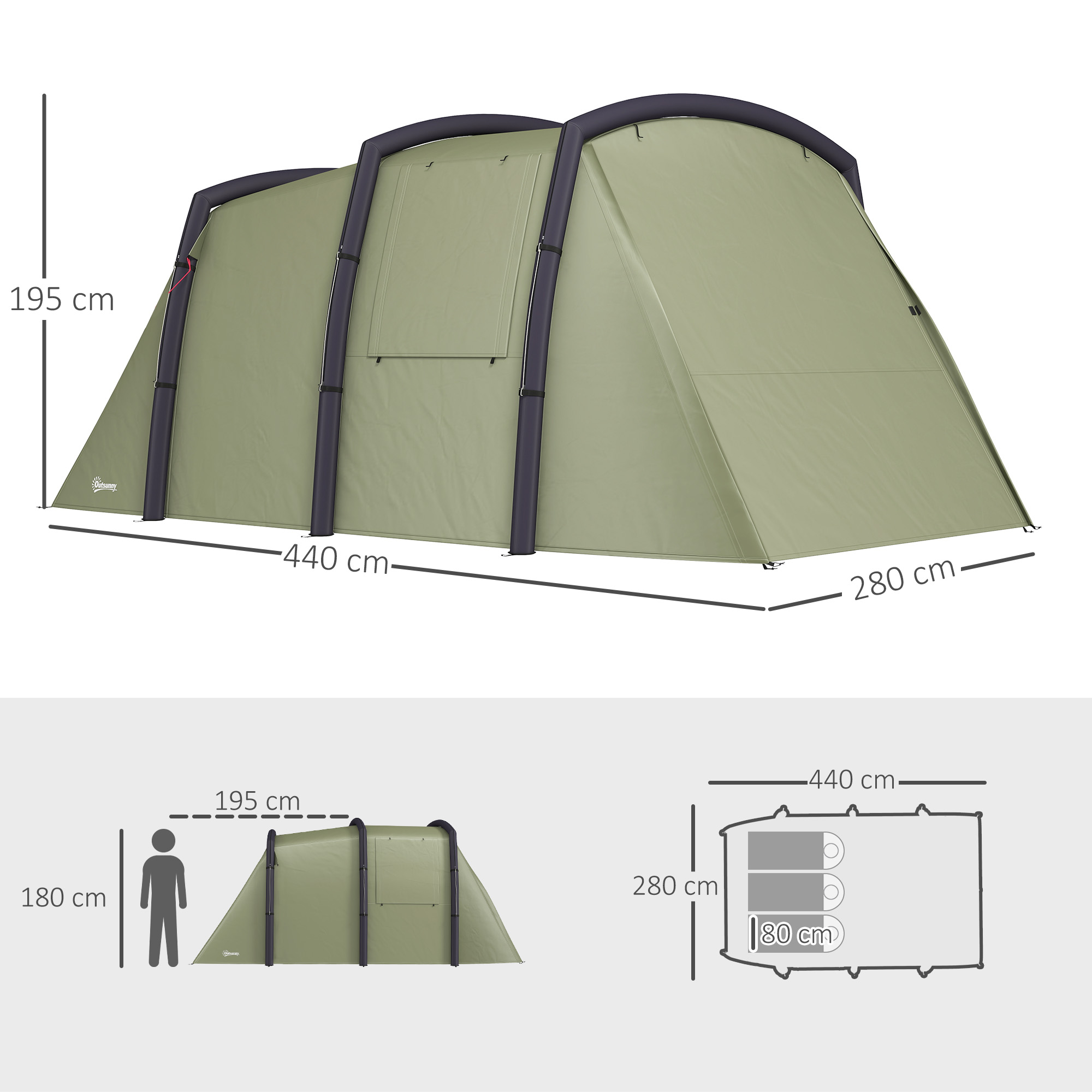 aufblasbares Campingzelt, 3-6 Personen Outdoor Tunnelzelt mit Seitenfenstern Tür Luftträger 4,4 x 2,8 x 1,95 m Grün