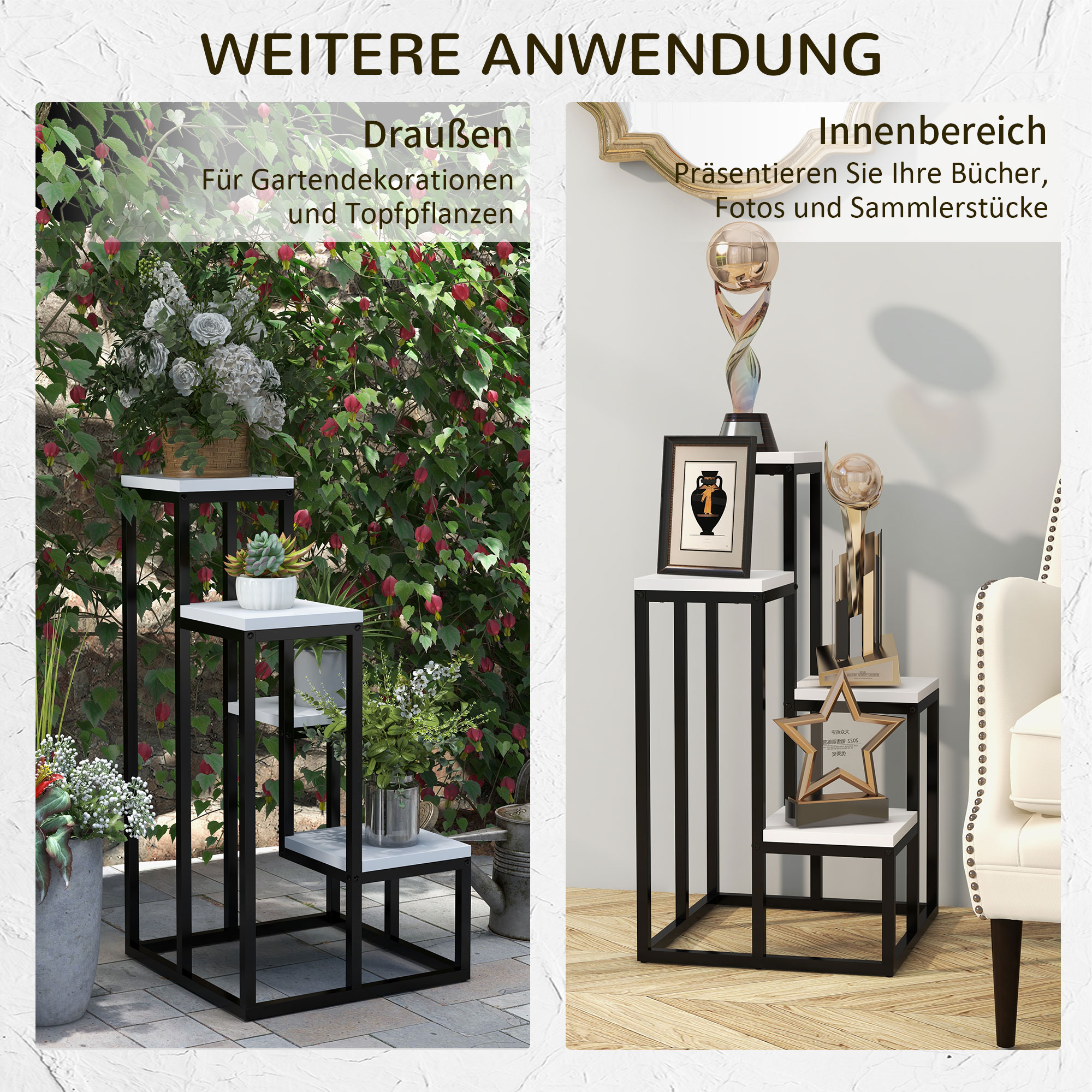 Blumenregal, 4 Etagen, Indoor & Outdoor, Metallrahmen, 34L x 34B x 70H cm, Schwarz+Weiß